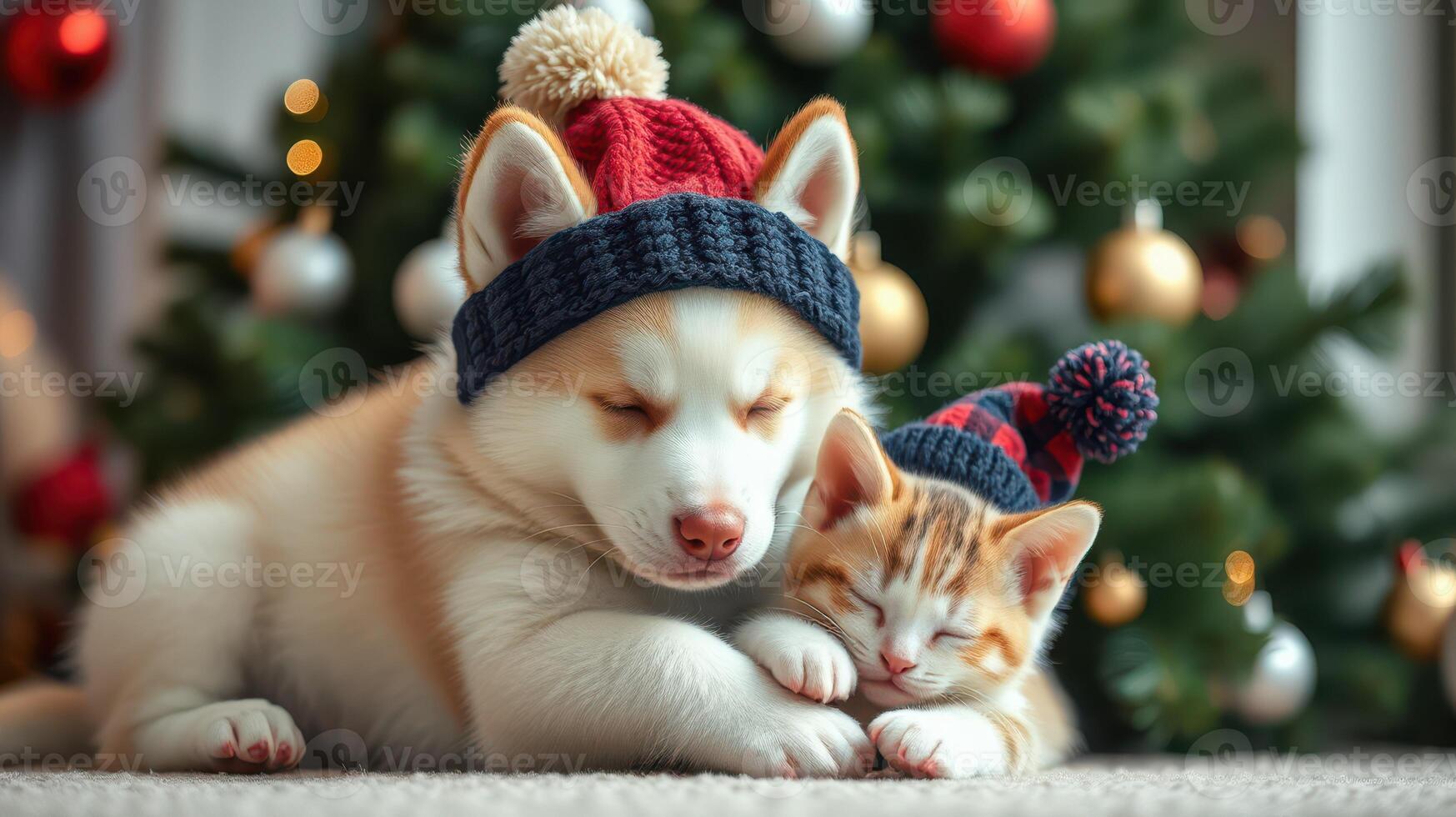 Cute puppy and kitten wear festive hats beside a decorated Christmas tree in a cozy indoor setting during the holiday season photo