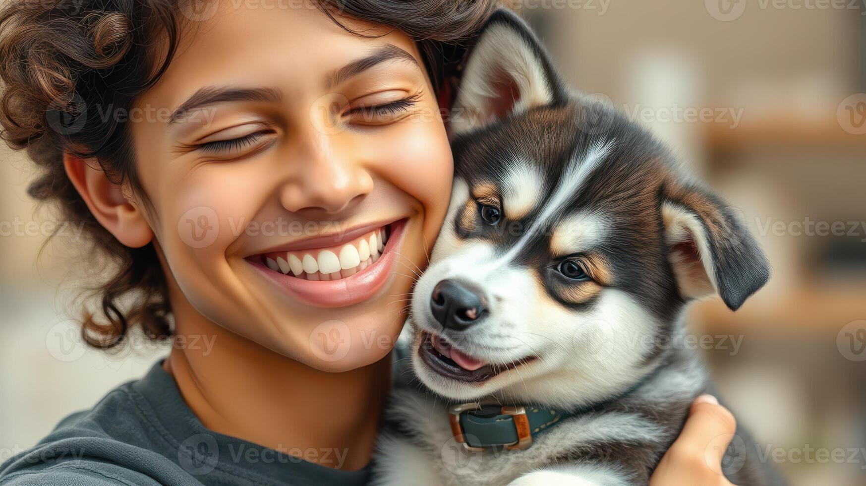 Smiling young woman joyfully holds a playful puppy in a cozy indoor setting photo