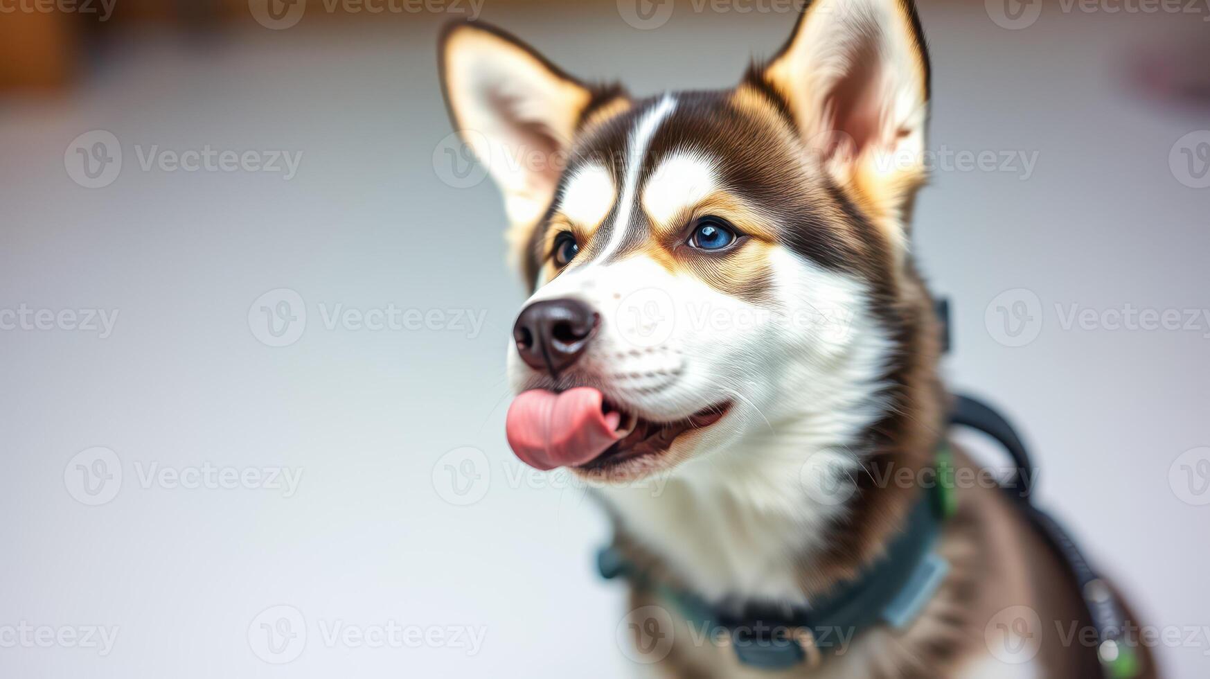 Happy dog in harness enjoying indoor playtime with playful expression and wagging tongue photo