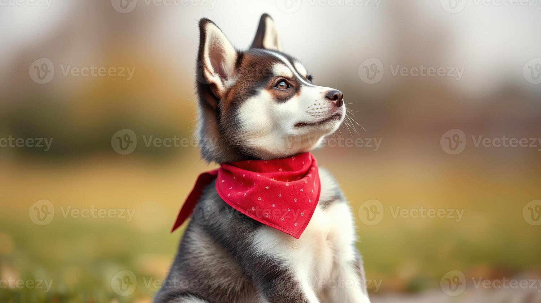 Playful husky puppy wearing a red bandana sits proudly in a sunlit park during autumn photo