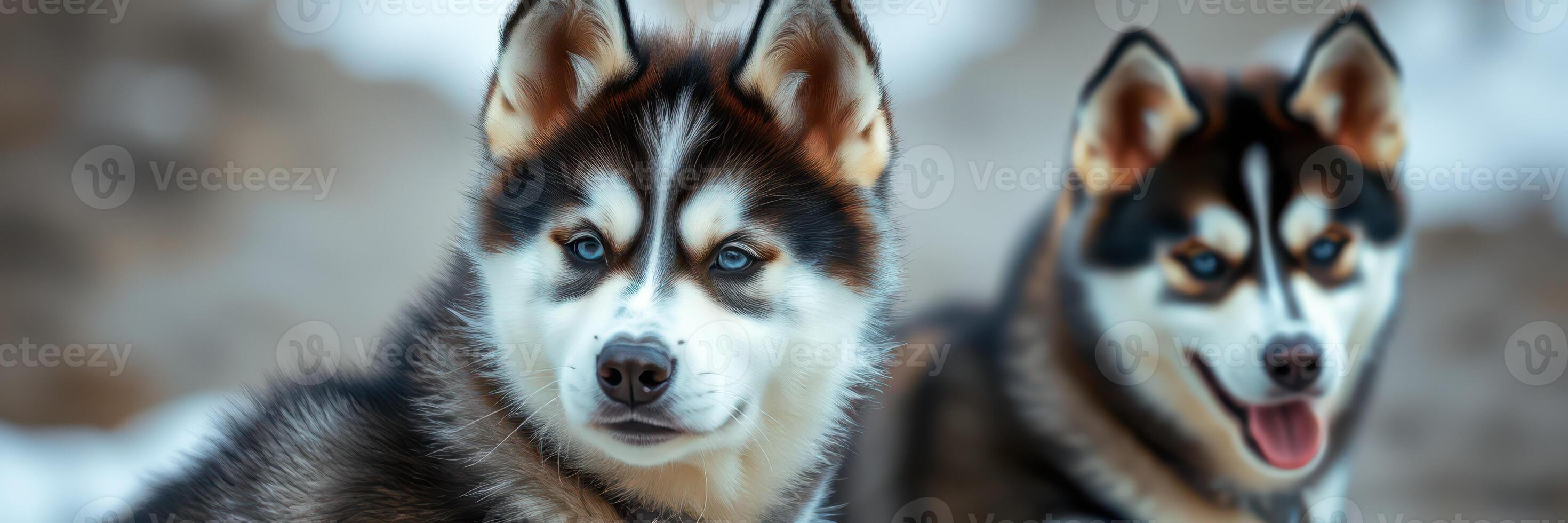 Two playful huskies posing together in a snowy landscape during a winter afternoon photo