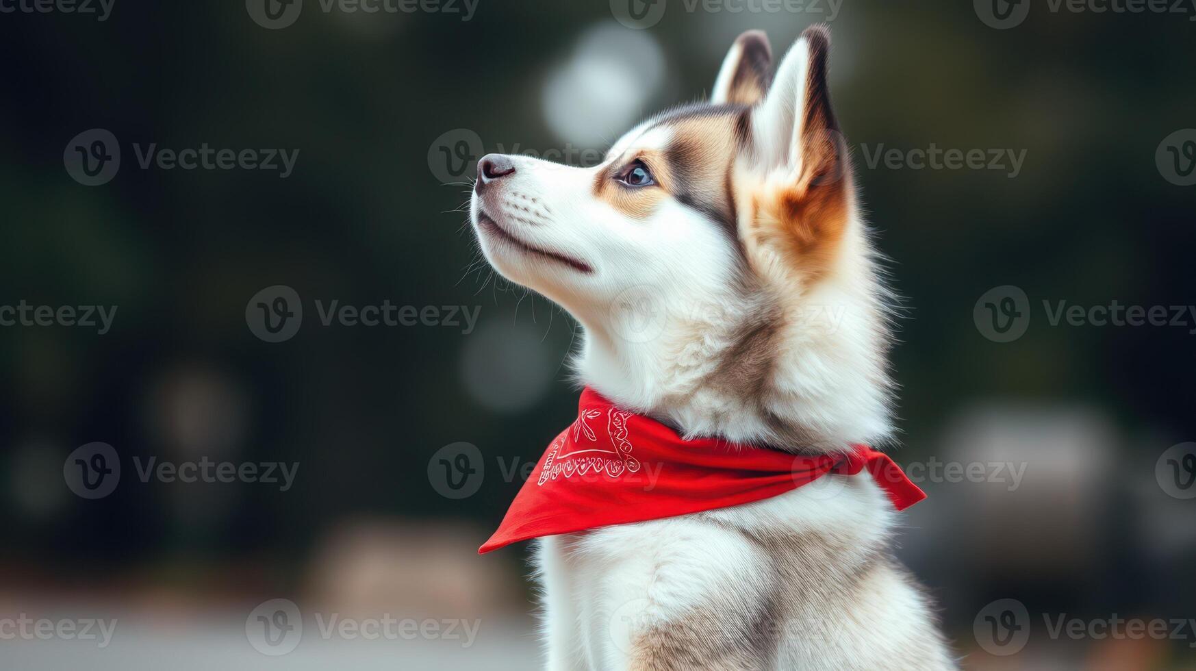 Siberian Husky wearing a red bandana gazes upward in a lush outdoor setting during the daytime photo