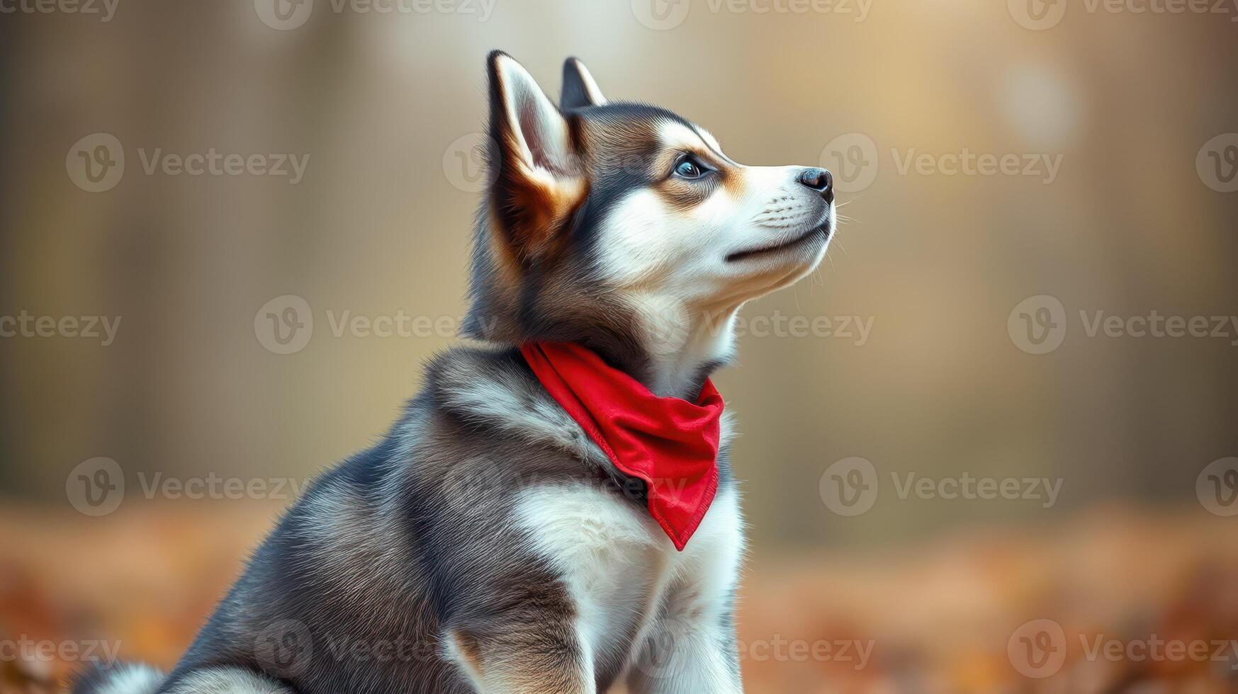 Dog wearing red bandana sits in a serene forest setting during golden hour sunlight photo