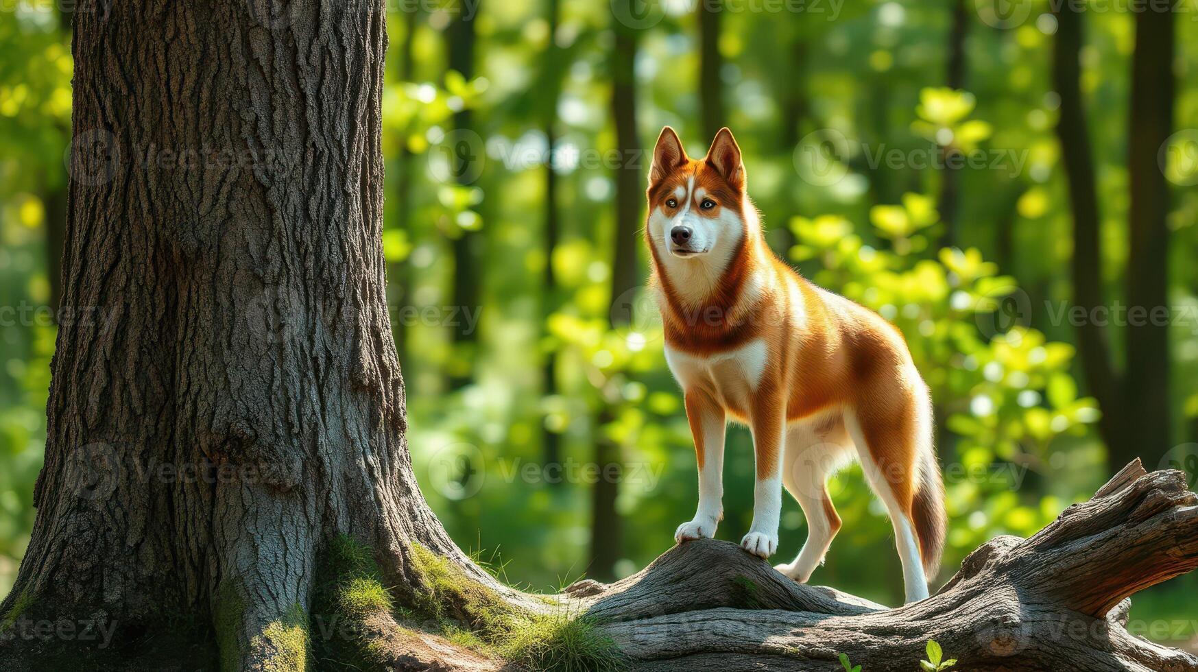 Beautiful husky standing majestically by a tall tree in a vibrant green forest during a sunny day photo