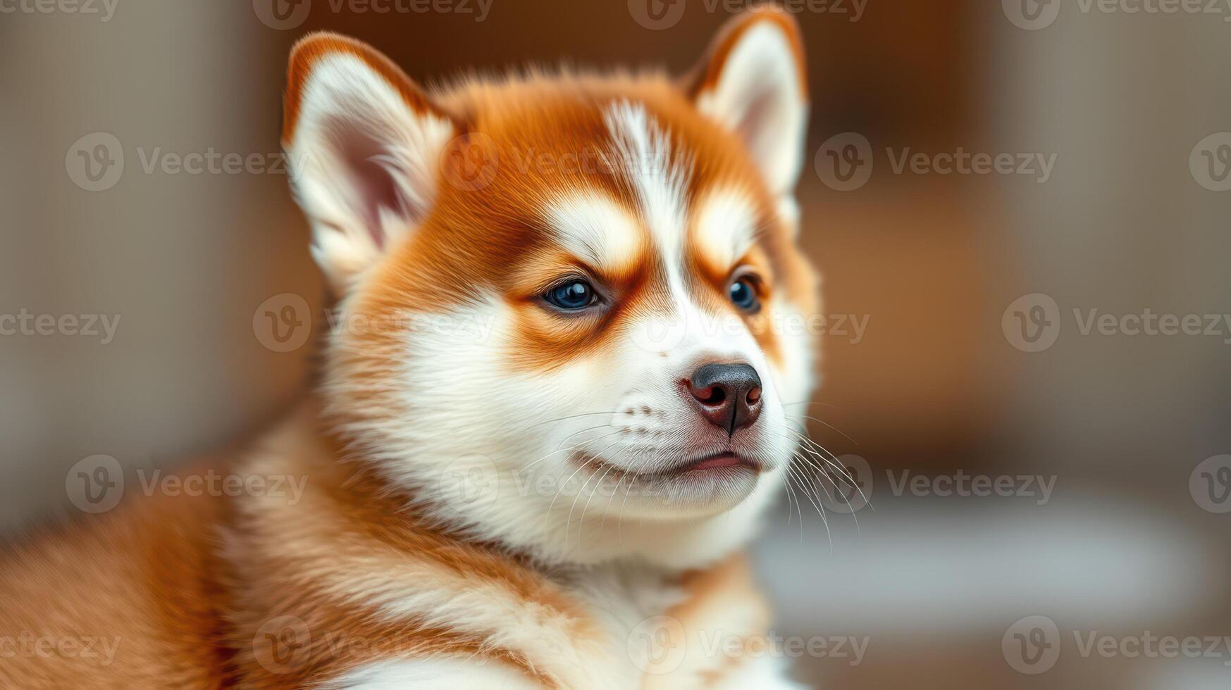 Cute shiba inu puppy relaxing indoors with a calm expression in warm lighting photo