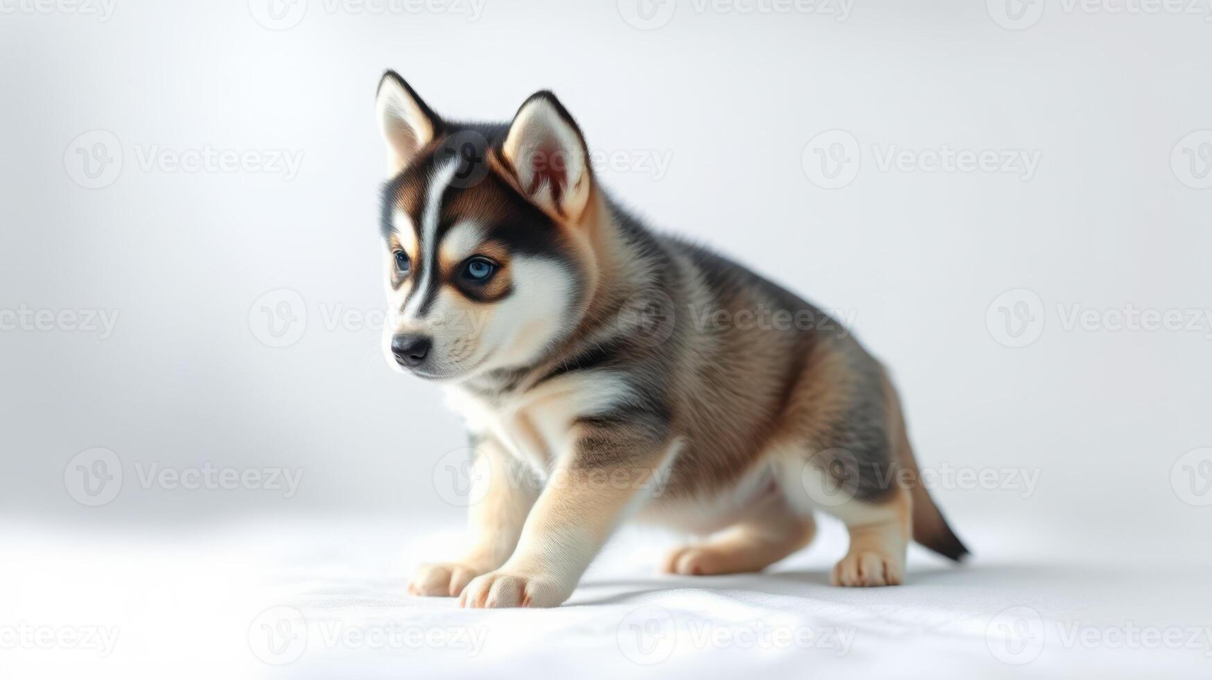 Cute husky puppy poses playfully on a soft surface in a well-lit indoor setting during daytime photo