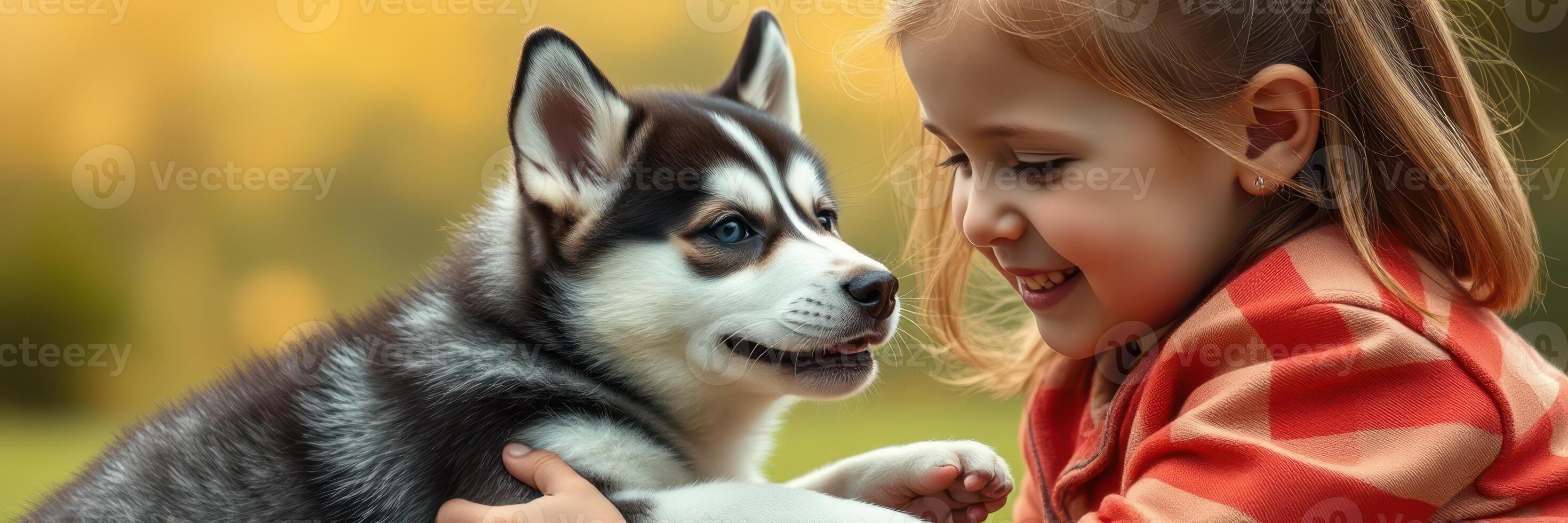 Joyful interaction between a child and a husky puppy in a serene outdoor setting during golden hour photo