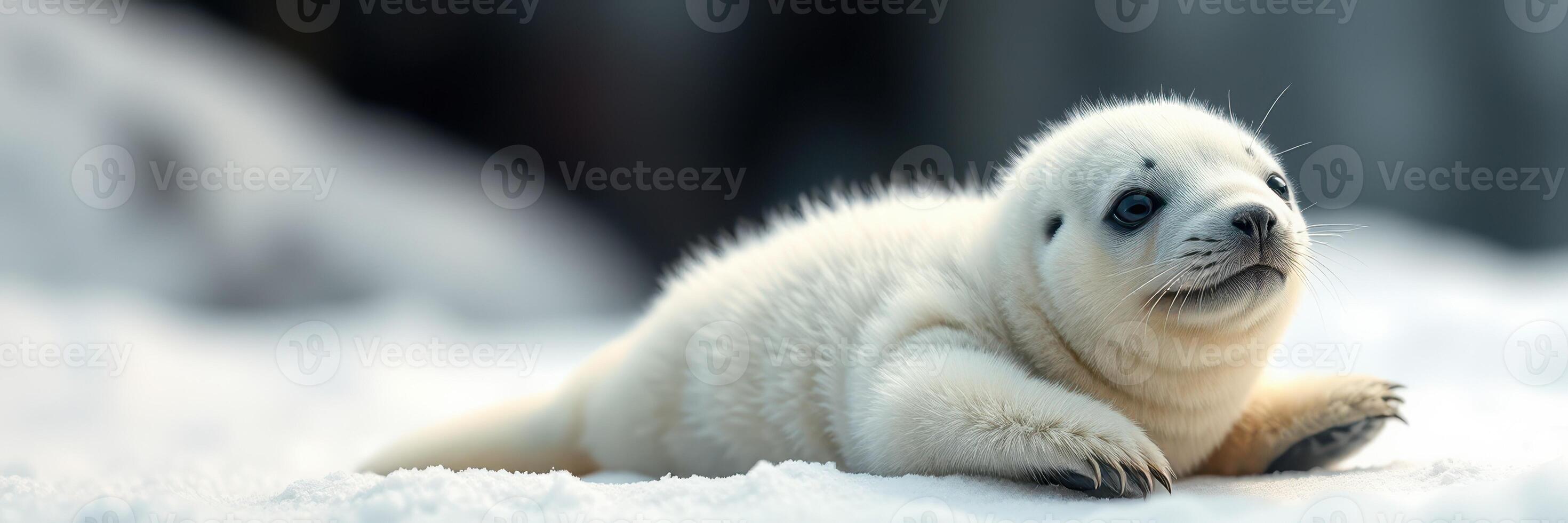Playful baby seal resting on the snow with a curious expression in a winter environment photo