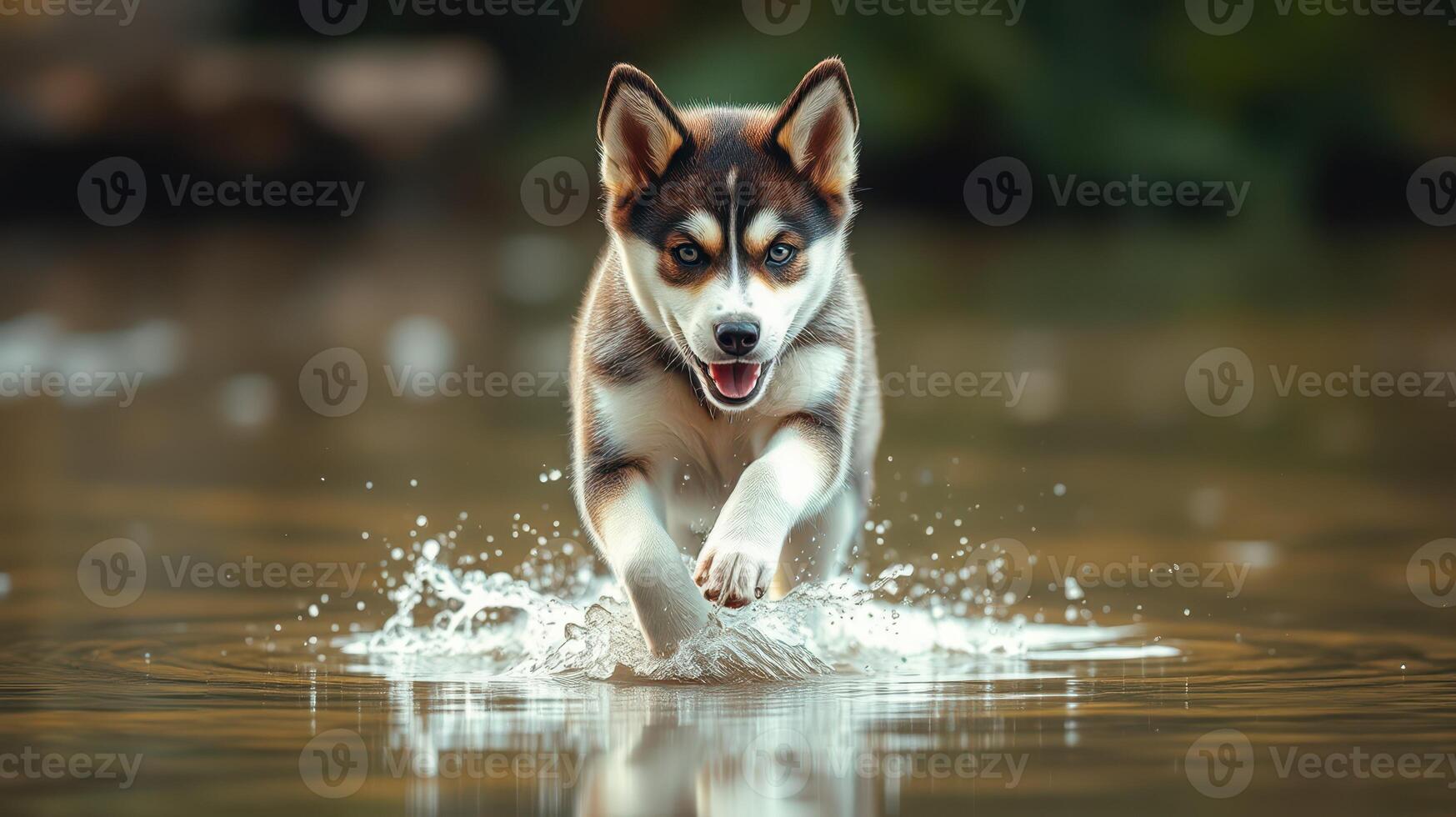 Excitable husky puppy splashes through water during a sunny afternoon in nature photo