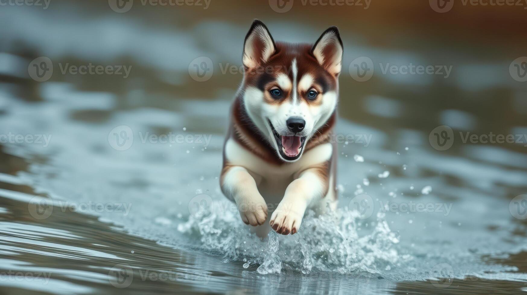 Energetic dog splashes through water while enjoying a sunny day outdoors photo
