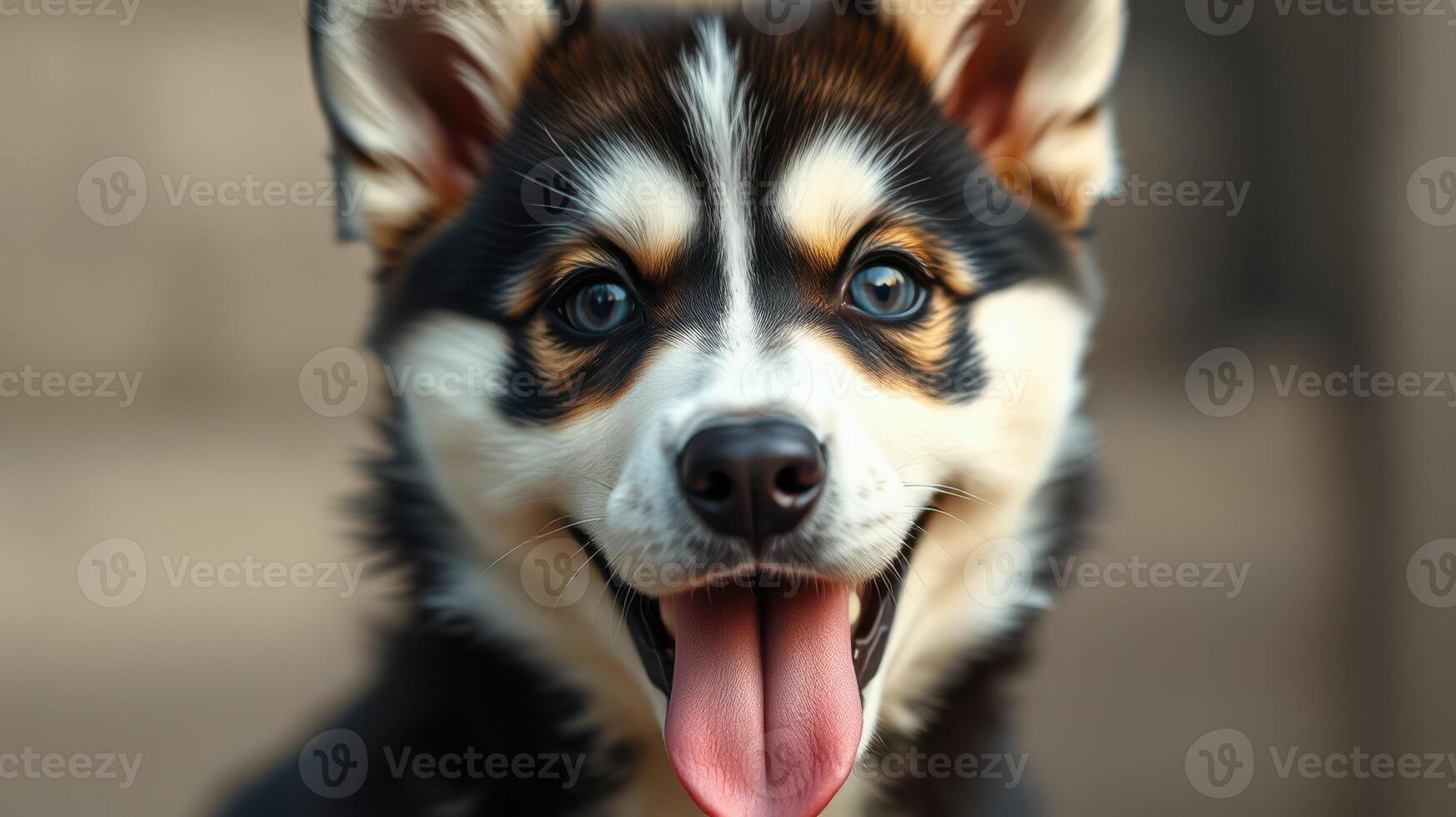 Playful dog with bright blue eyes enjoys a sunny day outdoors in the park with its tongue out and a happy expression photo