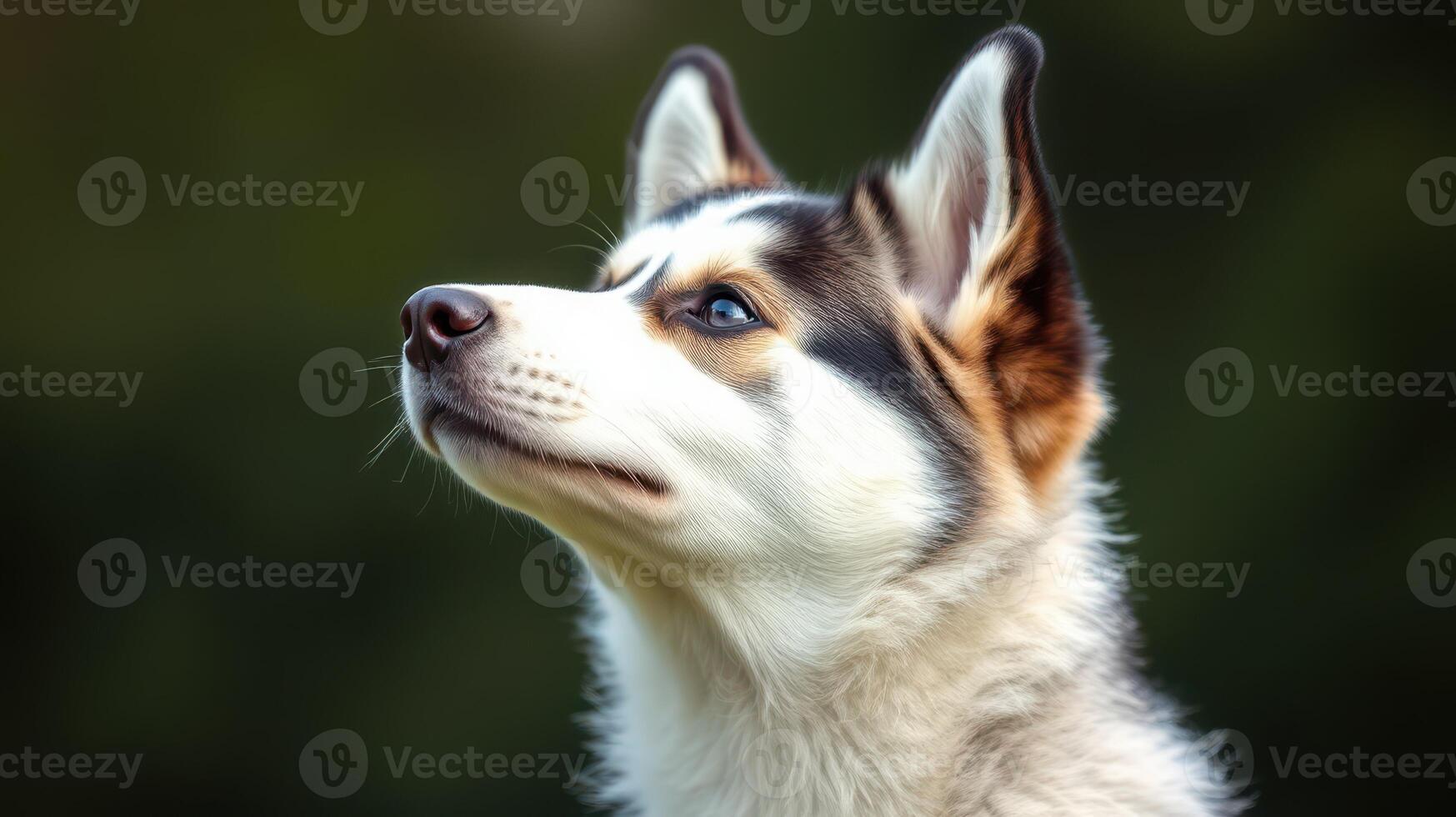 Beautiful husky dog with striking features posed against a soft, green background on a sunny day in a park photo