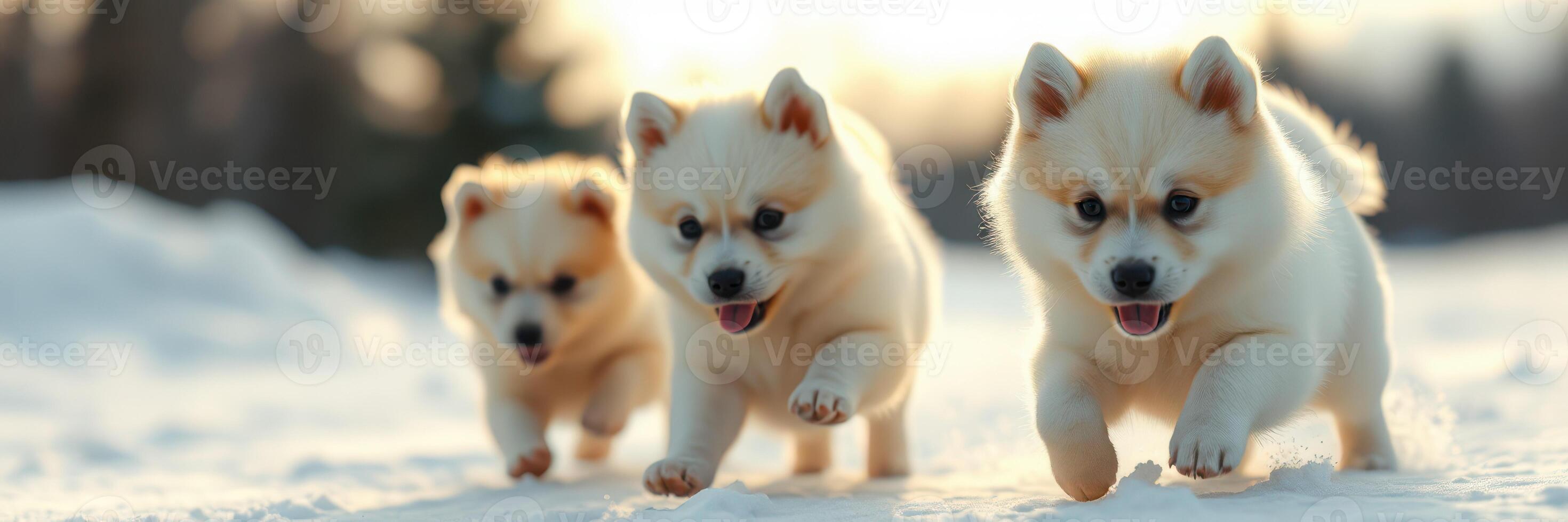 Playful puppies run through snow in a winter landscape with soft sunlight photo