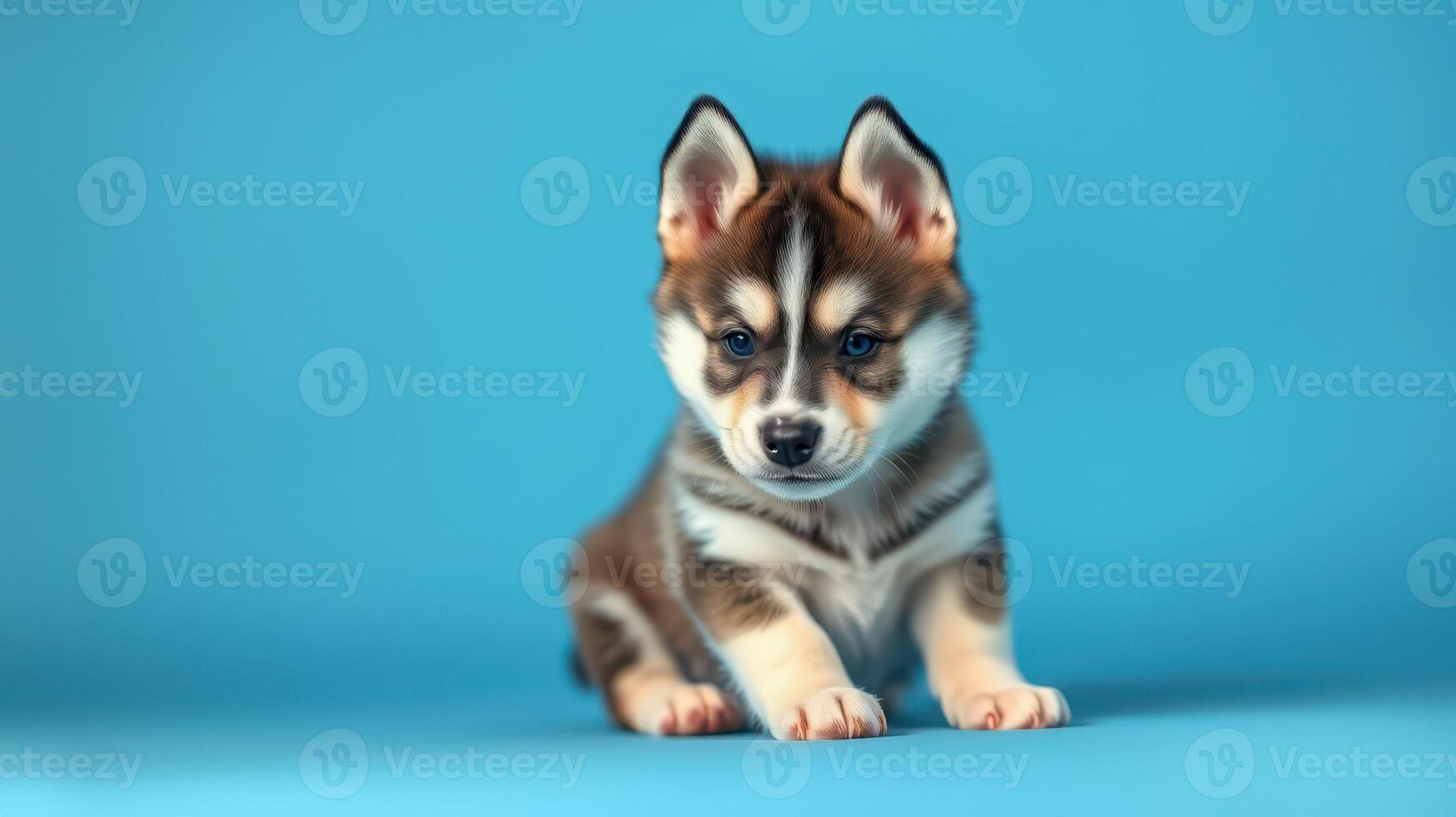 Adorable husky puppy posing on a bright blue background in a studio setting showcasing its playful personality photo