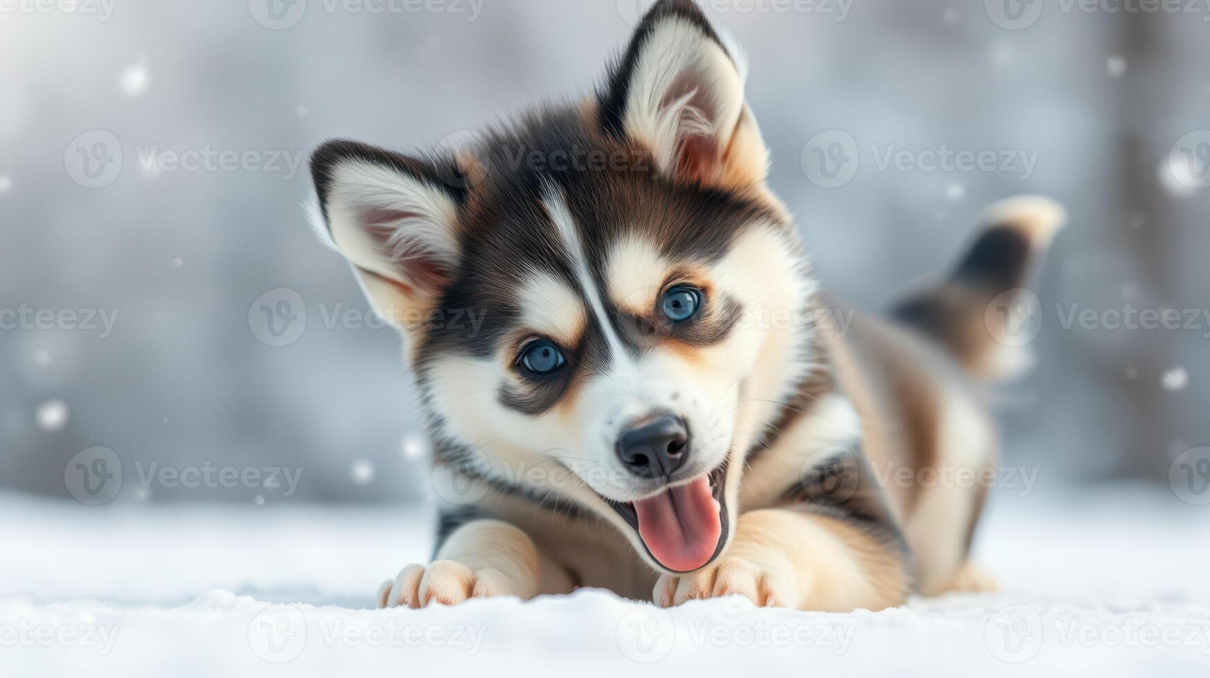 Happy husky puppy playing in fresh snow during winter with joyful expression and bright blue eyes photo