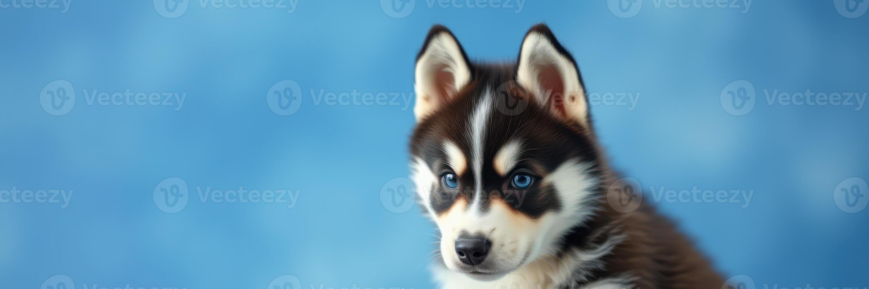 Playful husky puppy with bright blue eyes poses against a soft blue backdrop in a cheerful atmosphere photo