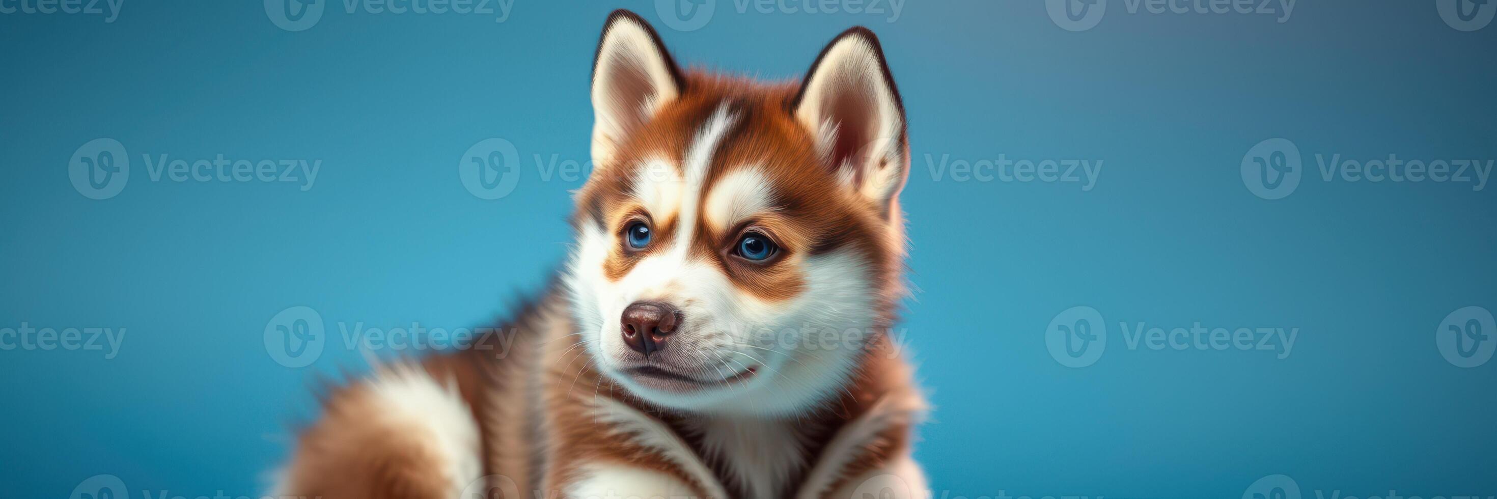 Adorable puppy with fluffy fur relaxes against a vibrant blue backdrop during a playful moment photo
