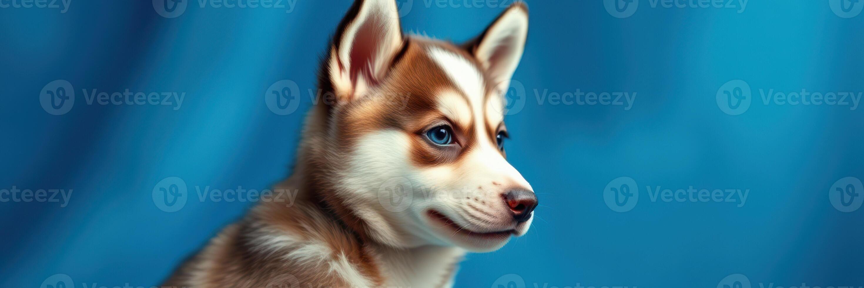 Charming husky puppy sits gracefully against a vibrant blue background showcasing its enchanting features and playful personality photo