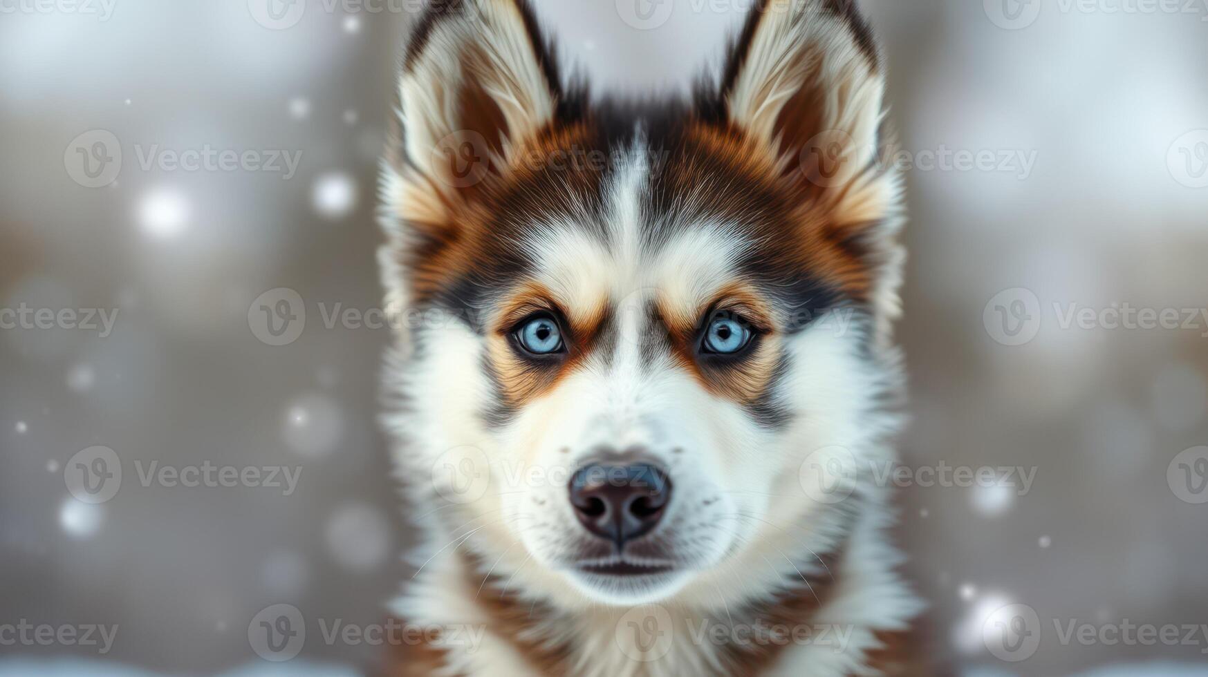 Beautiful husky puppy with striking blue eyes posing in the snow during winter photo