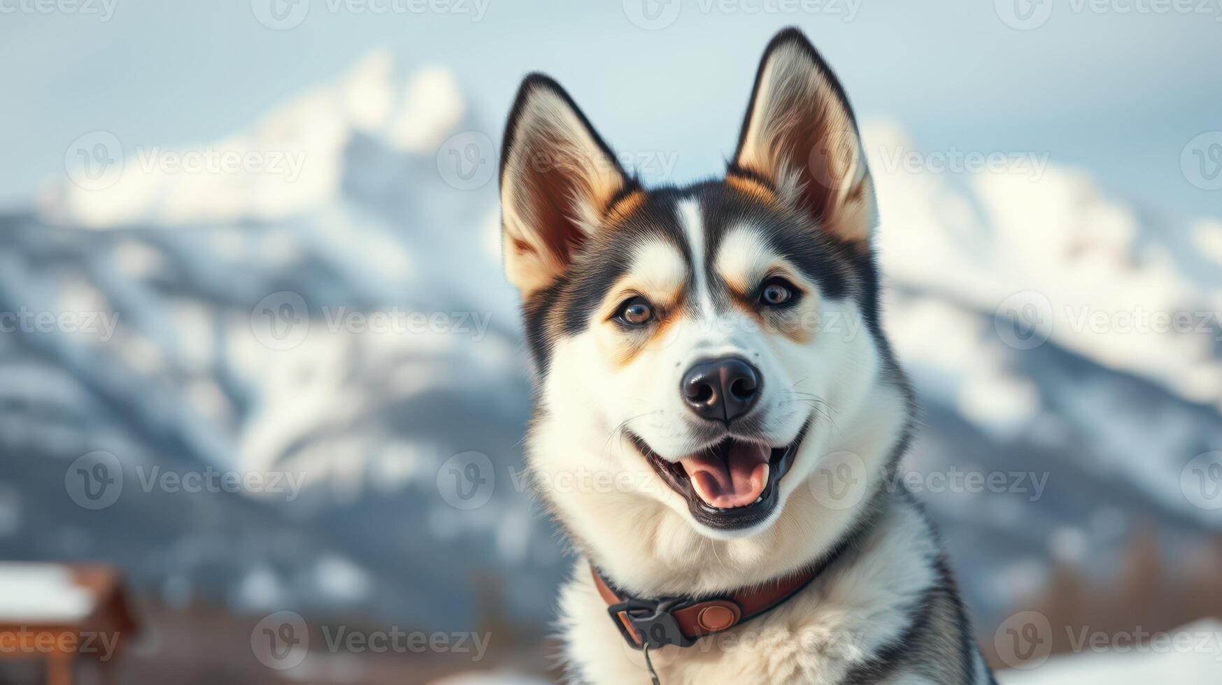 Happy dog enjoys winter day in snowy mountains with majestic peaks in background during clear weather photo