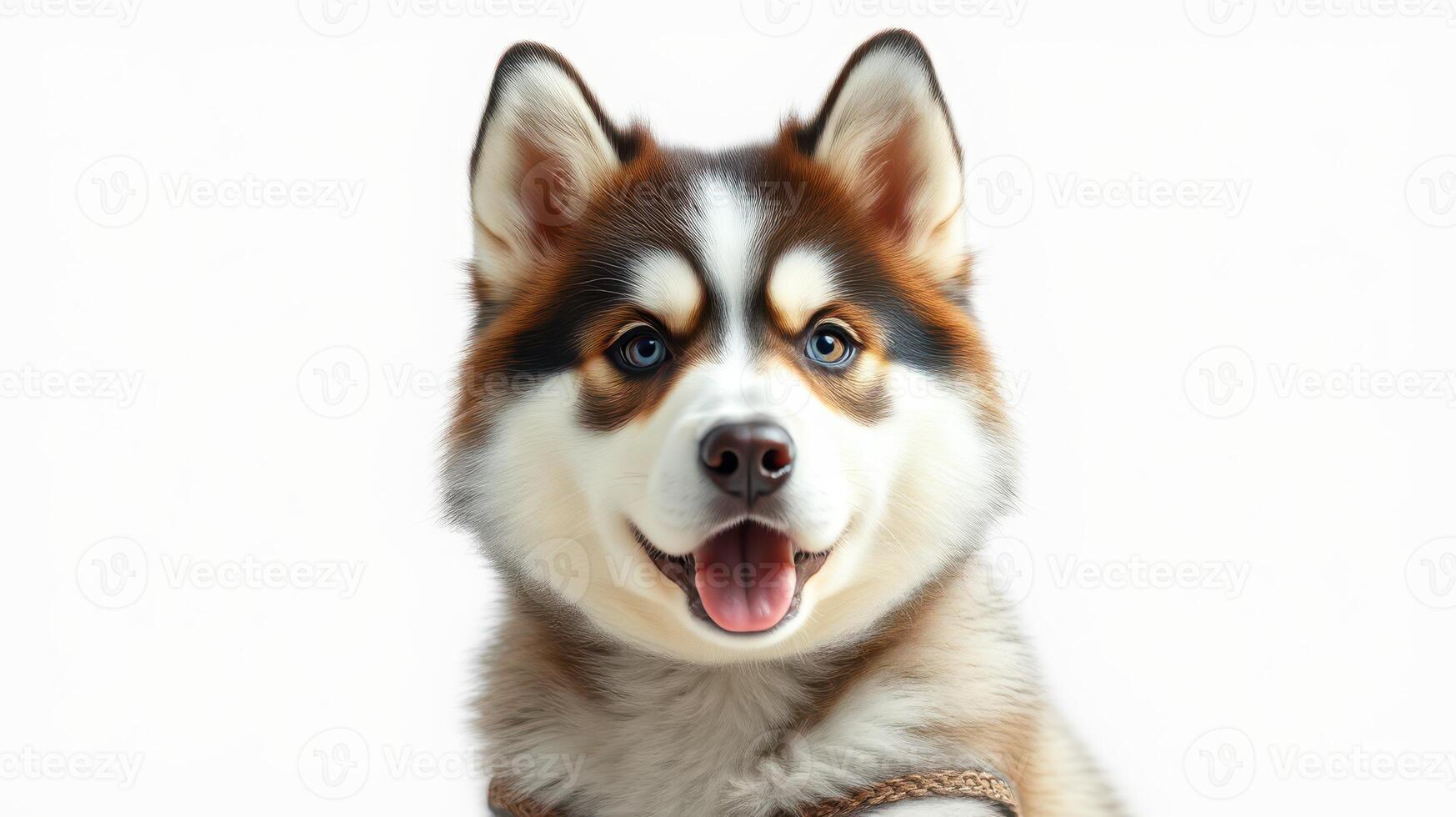 Playful husky with a bright expression posing against a simple background, showcasing its friendly nature and fluffy coat photo