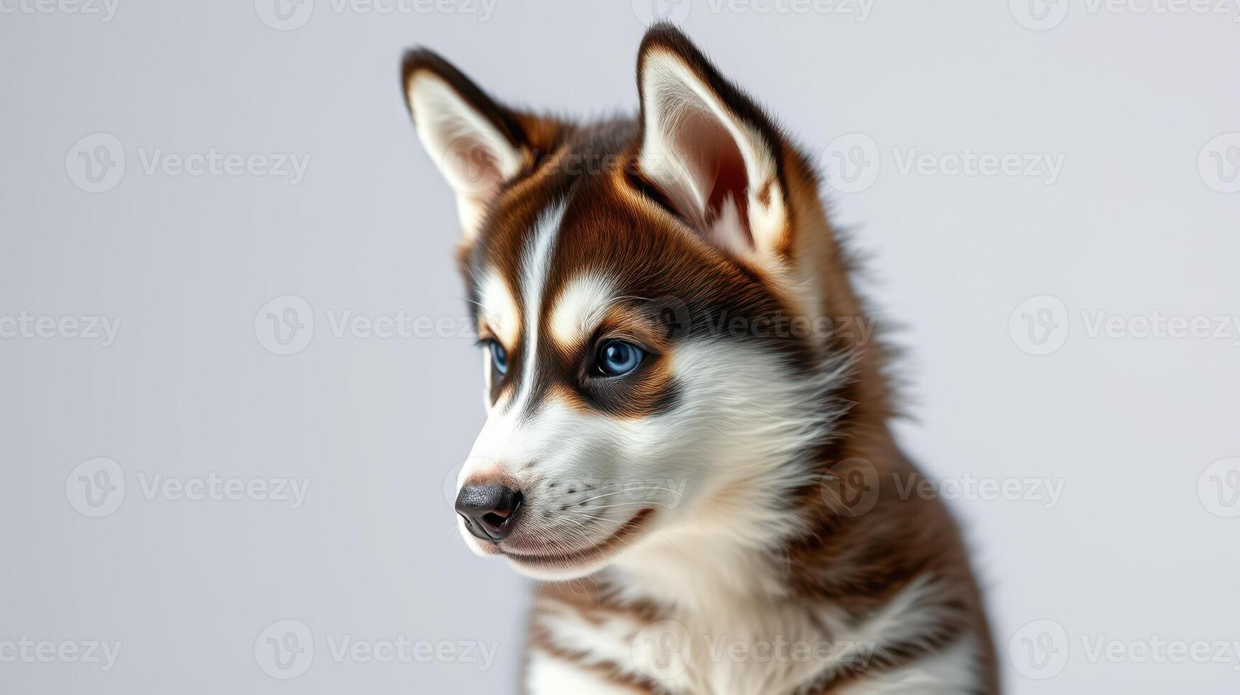 Cute brown and white husky puppy looking to the side against a plain background in a cozy indoor setting photo