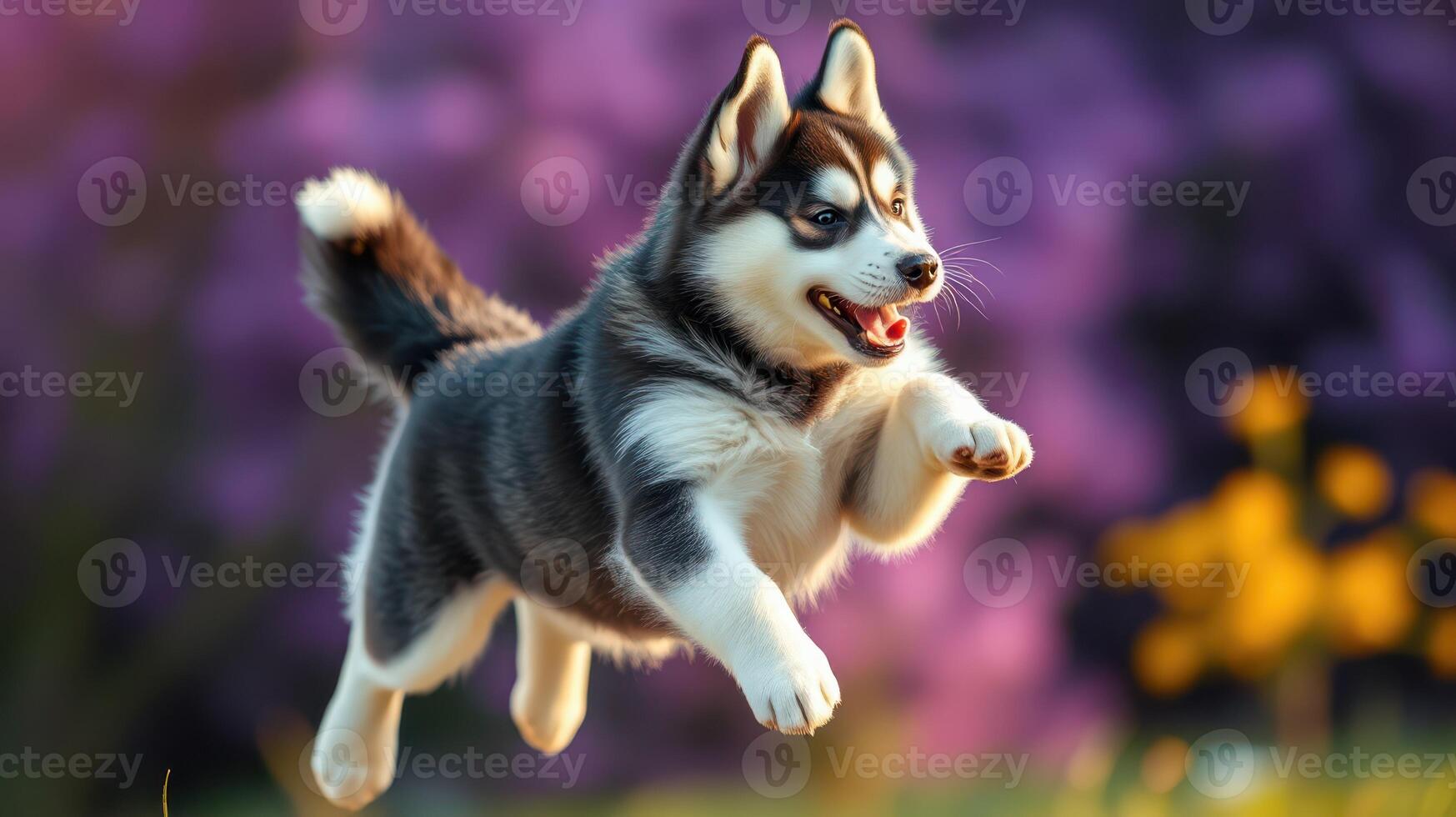Playful husky puppy jumps joyfully in a vibrant garden during sunny afternoon photo