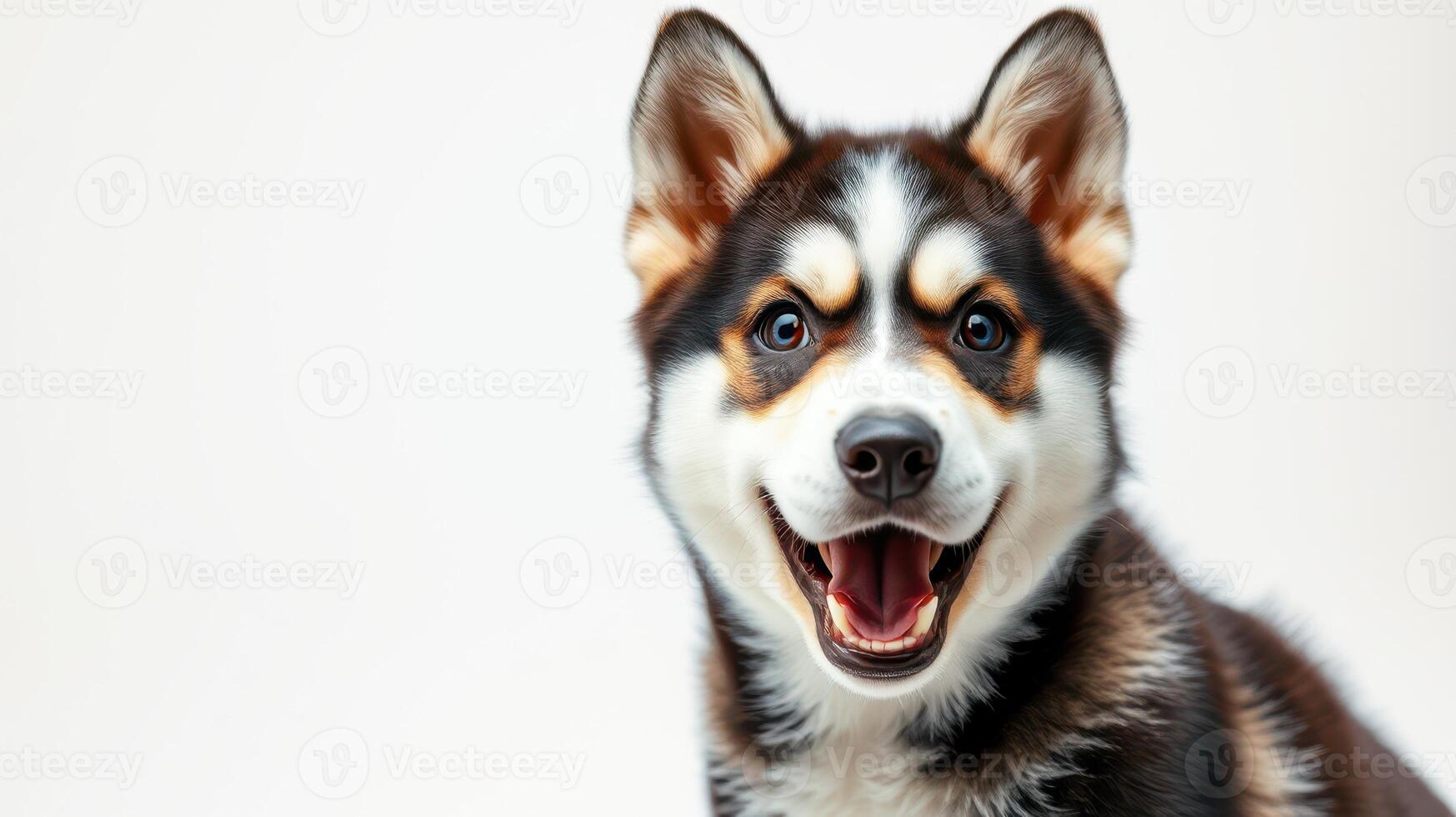 Happy dog with a playful expression posing against a neutral background photo