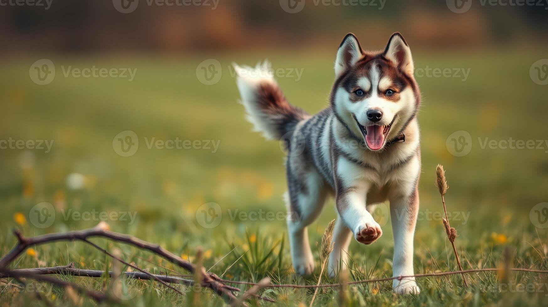 Siberian husky exploring a grassy field during a sunny day in springtime photo