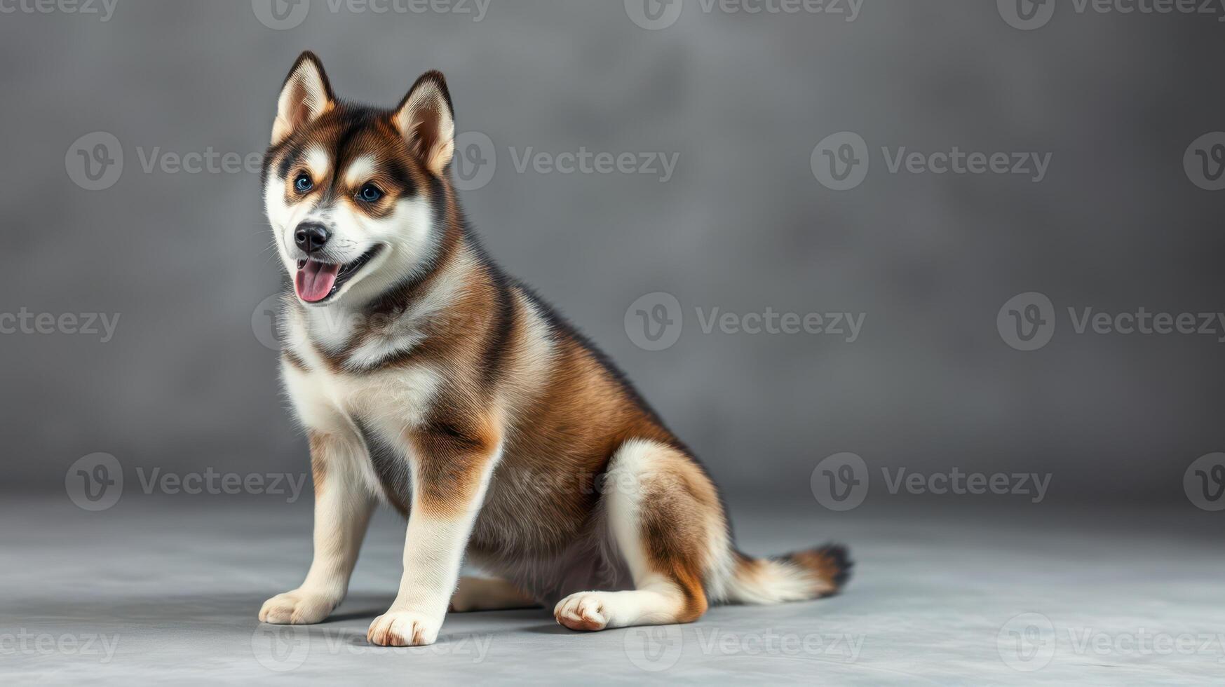 Portrait of a playful dog sitting on gray background with a cheerful expression in a studio setting photo
