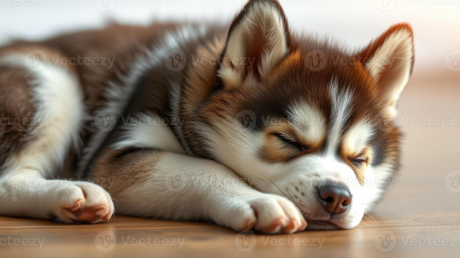 Husky puppy sleeps peacefully on a wooden floor in a cozy indoor setting during the afternoon photo