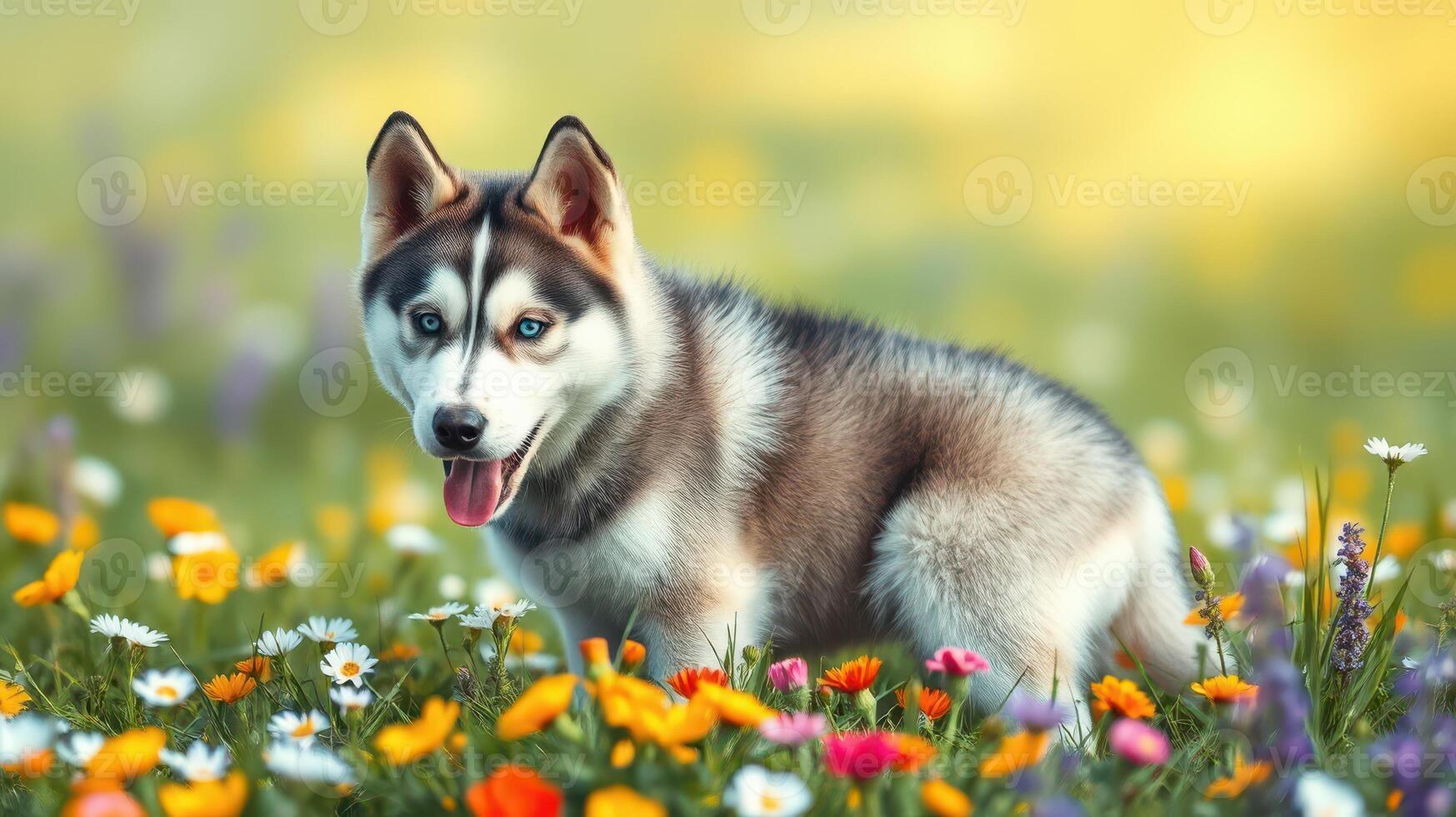 Happy husky exploring a colorful wildflower meadow during a sunny afternoon in springtime photo