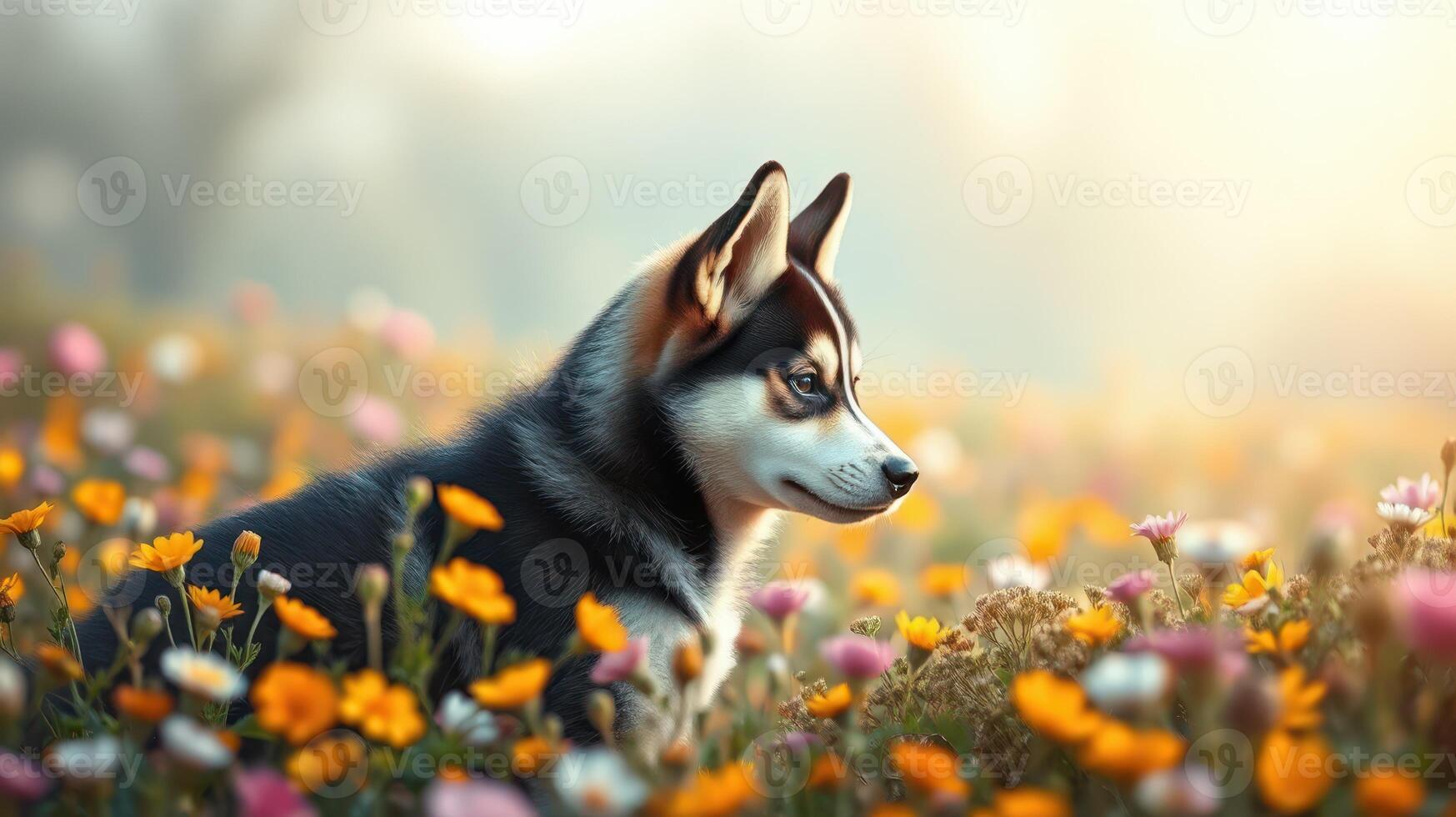 Dog sits gracefully among vibrant wildflowers in a sunlit field during the golden hour photo