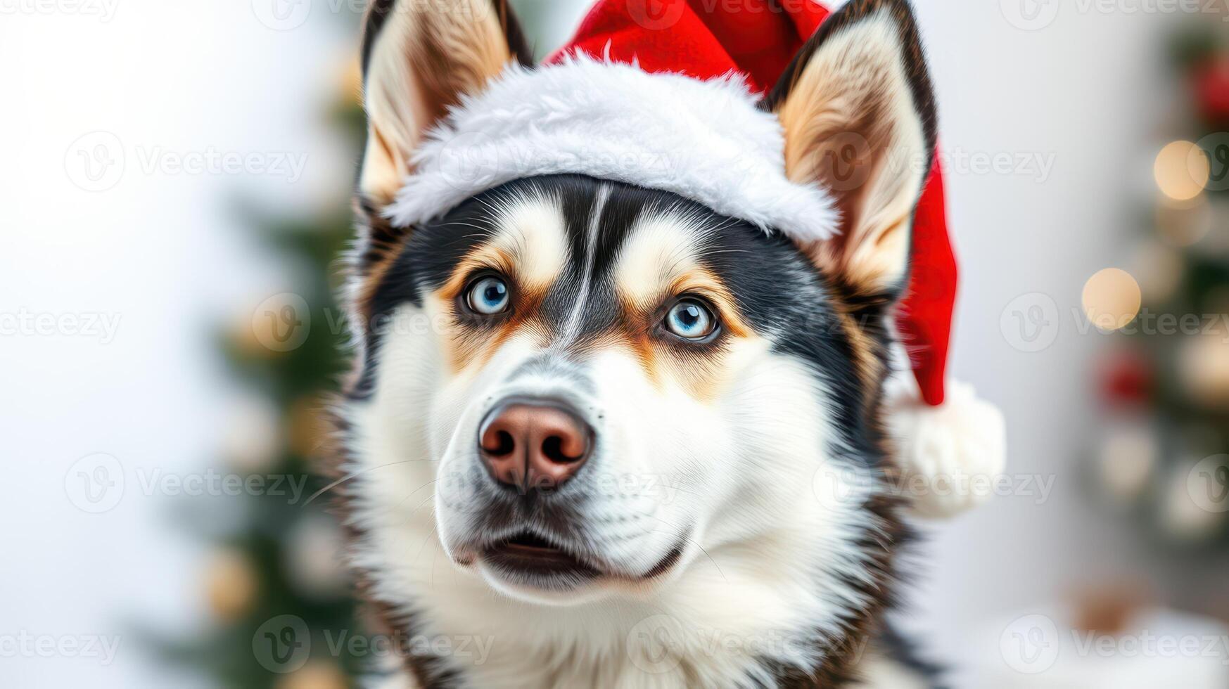 Festive husky wearing a Santa hat in front of Christmas trees and decorations photo