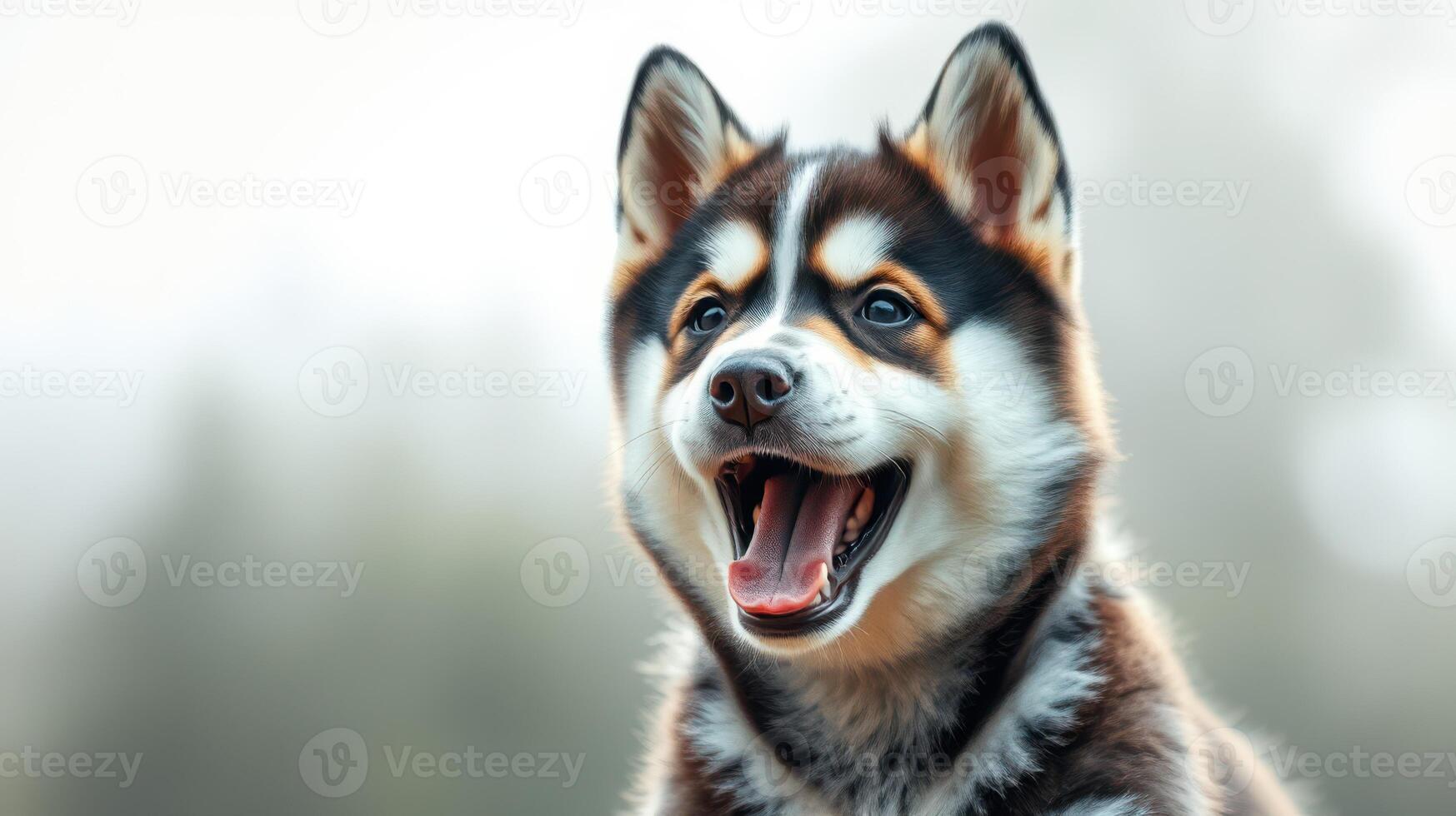 Happy dog with a bright expression sits in a soft light setting outdoors surrounded by nature photo