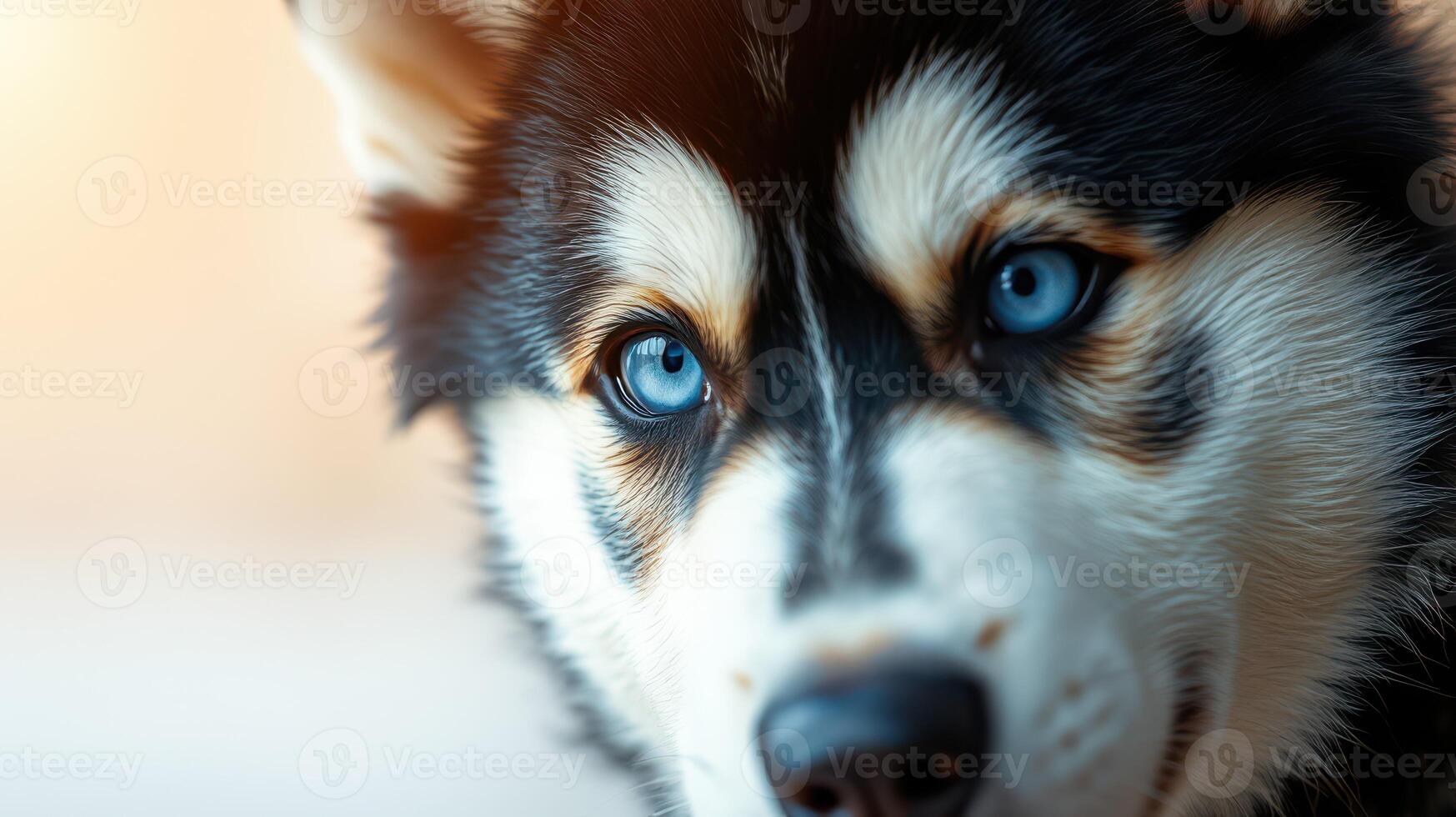 Stunning Siberian Husky with Blue Eyes gazing intently in a soft, warm light setting photo