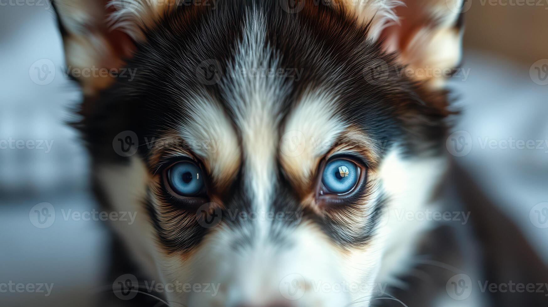 Cute husky puppy with striking blue eyes gazes directly at the camera in a cozy indoor setting photo