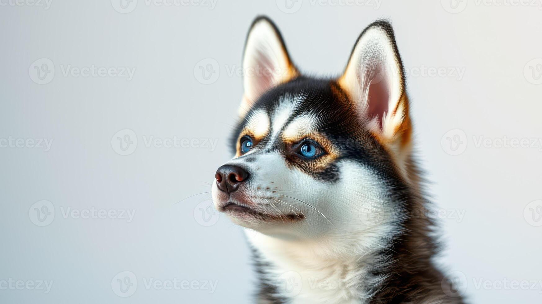 Beautiful husky with striking blue eyes poses against a plain background in a calm setting photo