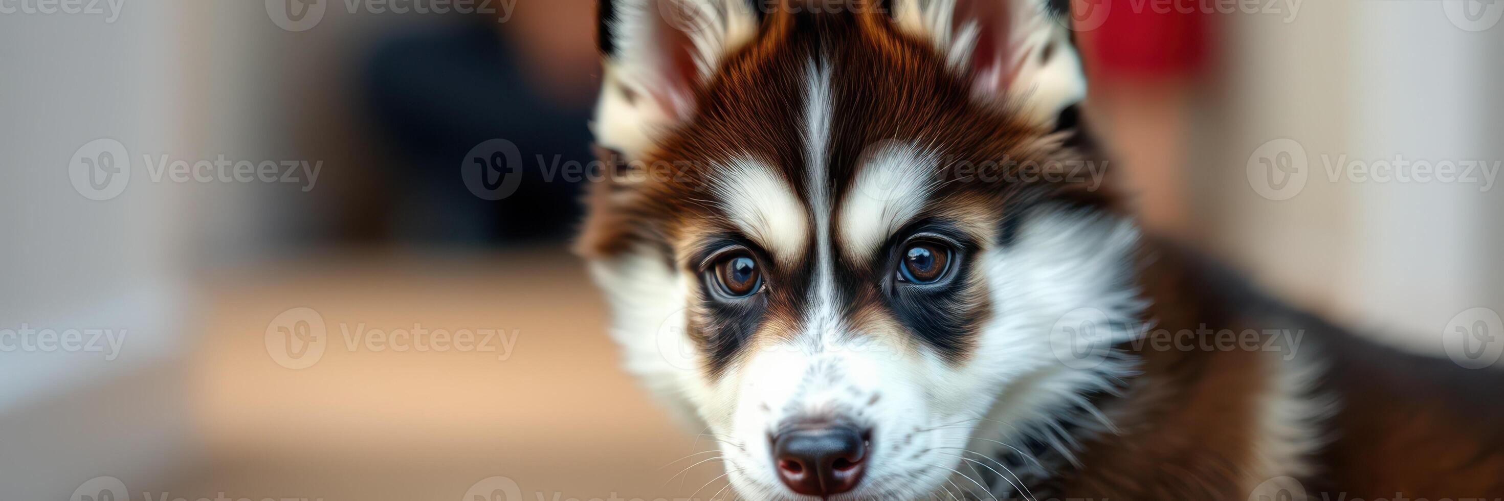Siberian husky puppy with striking features explores a cozy home environment during the day photo