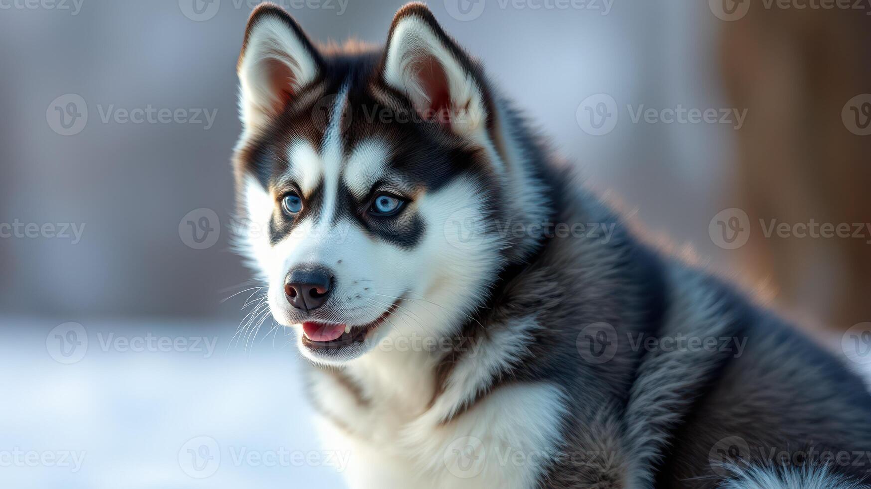 Cute fluffy husky puppy sitting in the snow during a sunny winter day photo