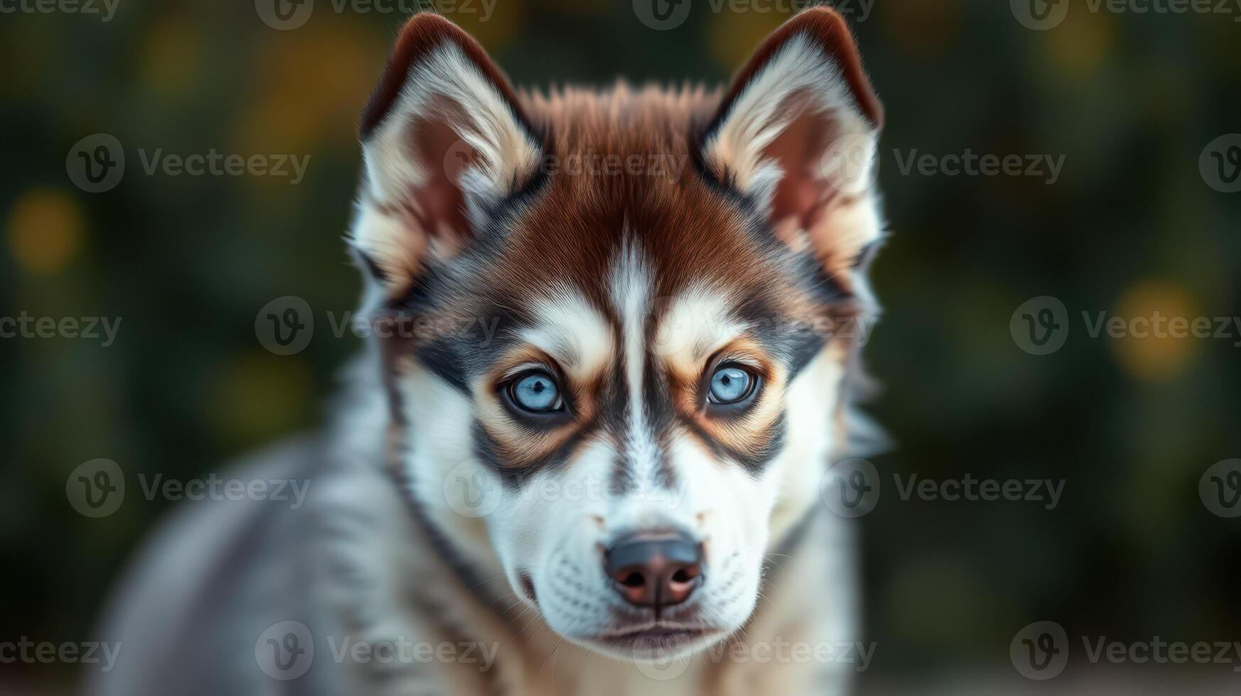 Playful husky puppy rests outdoors with striking blue eyes and unique fur patterns in a lush green background photo