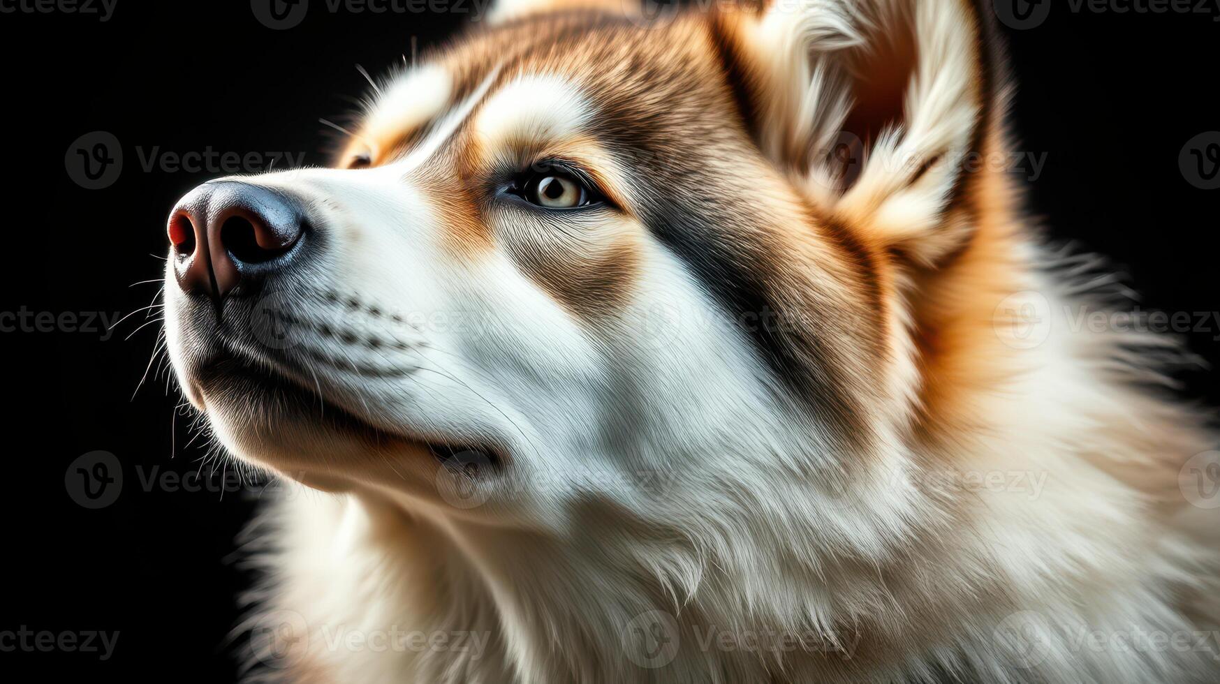 Majestic husky poses against a dark background highlighting its striking features photo