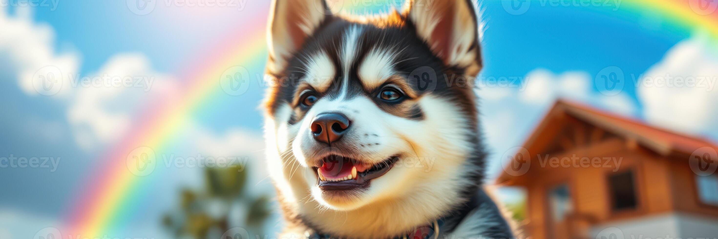 Happy husky puppy enjoys a sunny day under a rainbow at a cozy home in the countryside photo