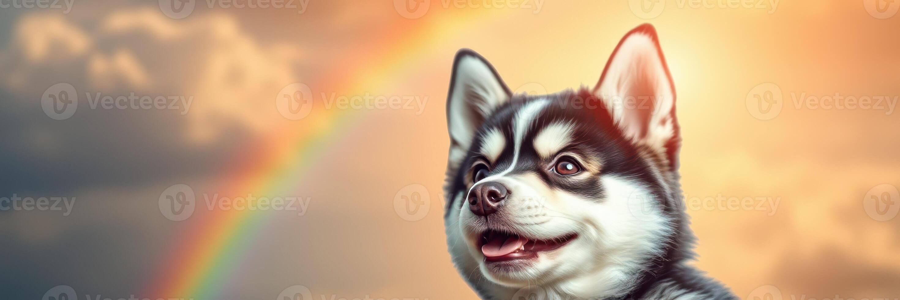Happy dog under a rainbow and sunset in a serene landscape photo