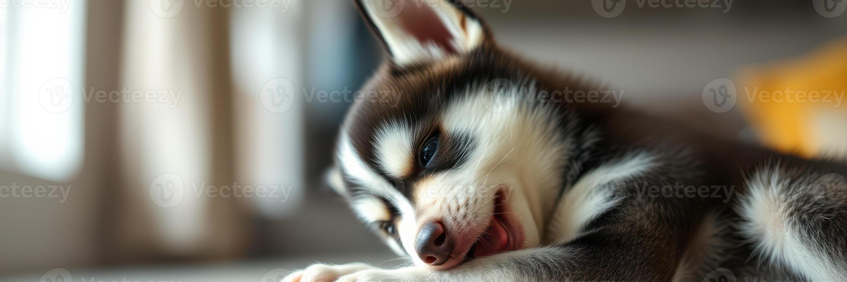 Cute husky puppy resting comfortably indoors with playful demeanor and soft features photo