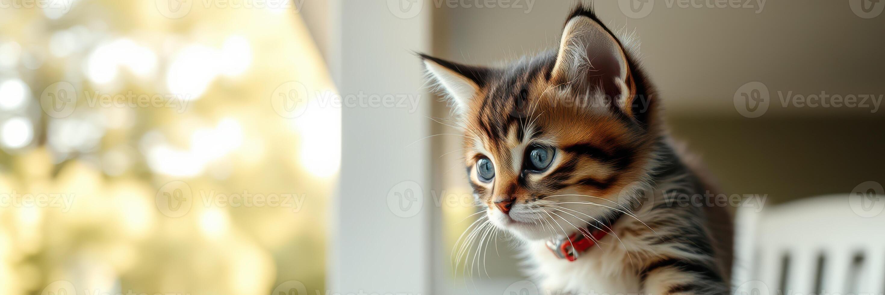 Playful kitten observes the world from a sunlit window during a warm afternoon photo