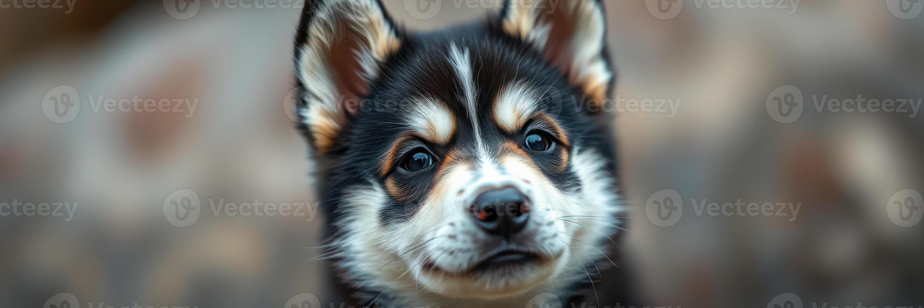 Young black and white puppy with curious expression sitting on a soft surface in a cozy environment during daylight photo