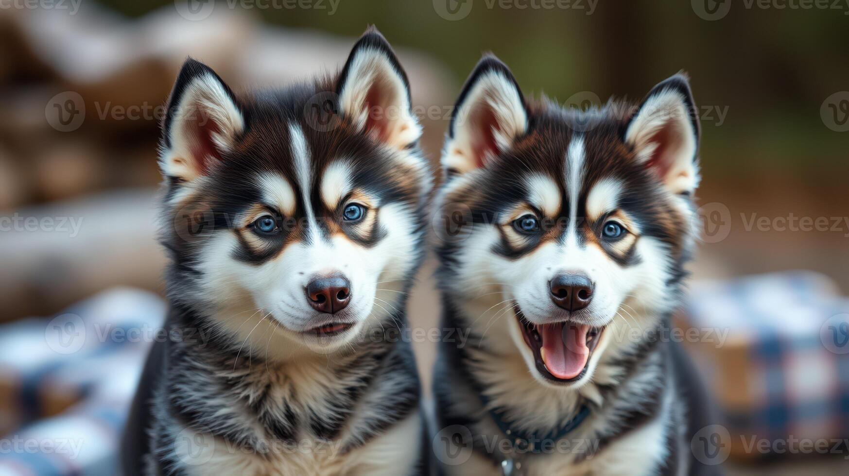 Two playful husky puppies sitting together outdoors, showcasing their vibrant fur and expressive faces in a natural setting photo