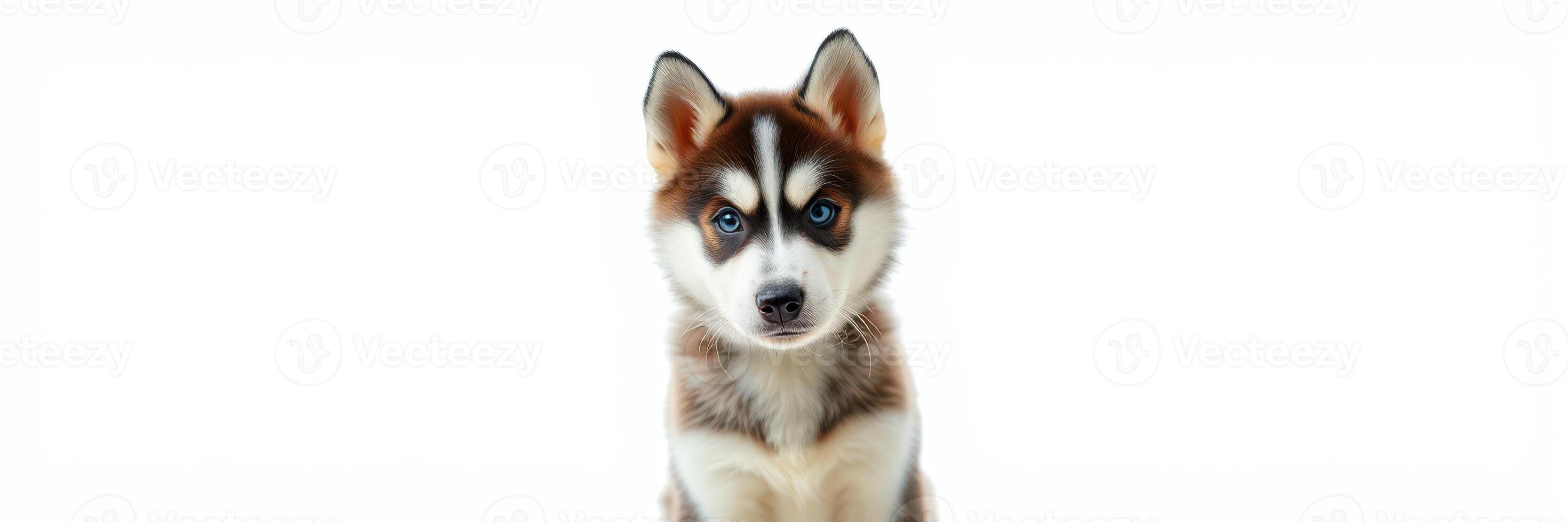 Cute Siberian husky puppy sitting against a plain background, showcasing its fluffy fur and bright eyes photo
