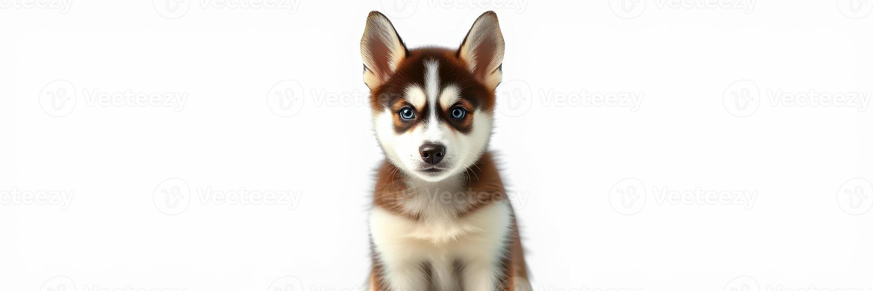Cute puppy with striking fur standing against a plain background during daylight photo